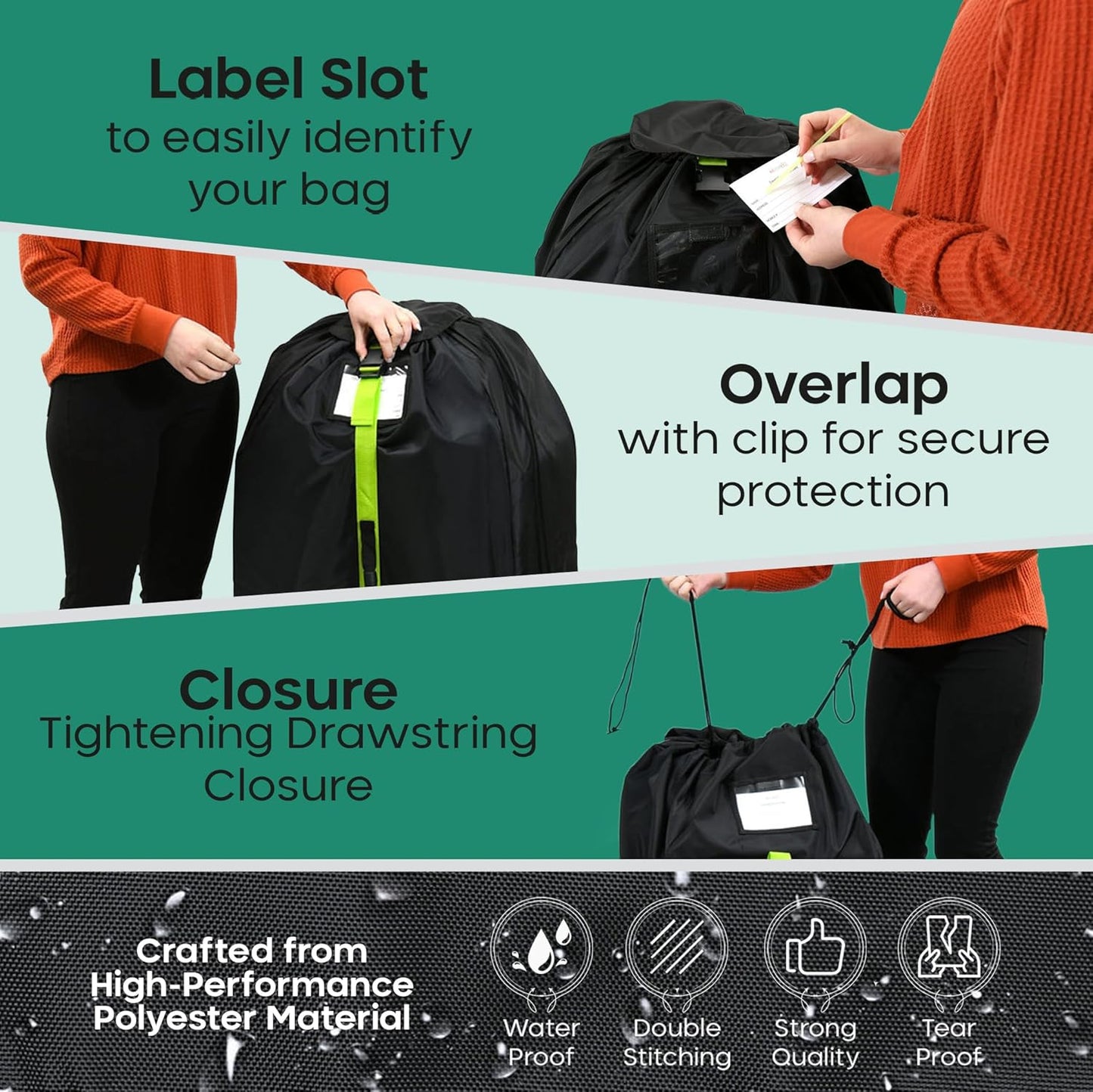 reperkid Medium Stroller Bag for Airplane Travel, Black & Green, 42" H x26 W x13 D, Fits Most Single Strollers Incl. Jogging & Standard Models – Premium Waterproof Cover, Adjustable Shoulder Straps