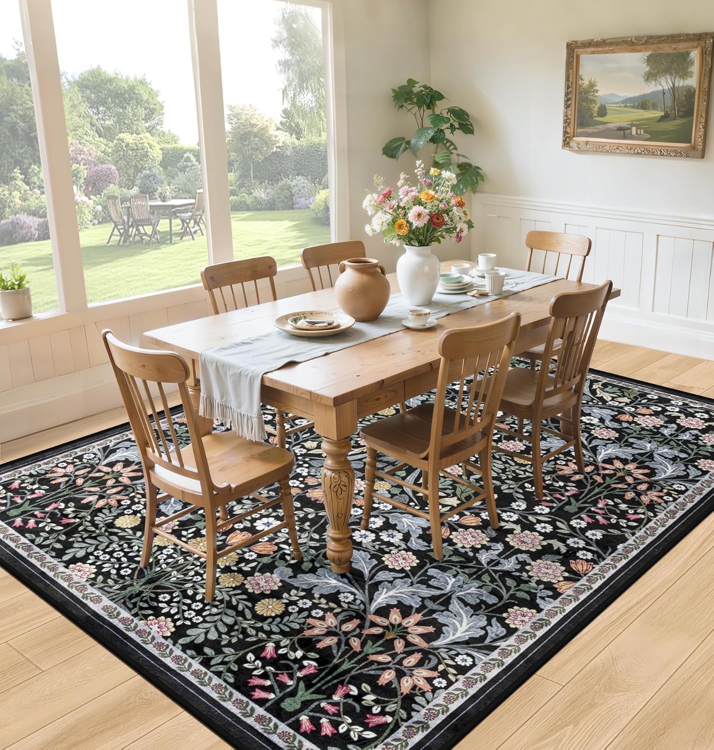Area Rug Living Room Rugs: Floral 4x6 Washable Rug Vintage Soft Boho Non-Slip Carpet Indoor Floor Stain Resistant Large Carpets for Bedroom Dining Room Farmhouse Nursery Hallway Home Office Dark Black