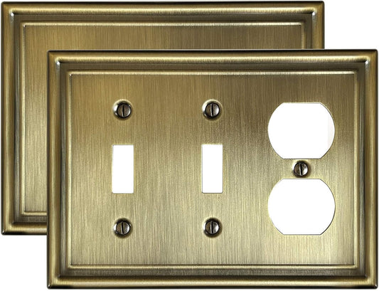 Combination 2 Toggle and 1 Duplex Metal Wall Plate, 3-Gang Switch Plates and Outlet Covers, Decorative Antique Brass Finish, Corrosion Resistant, 2-Pack, Midsize