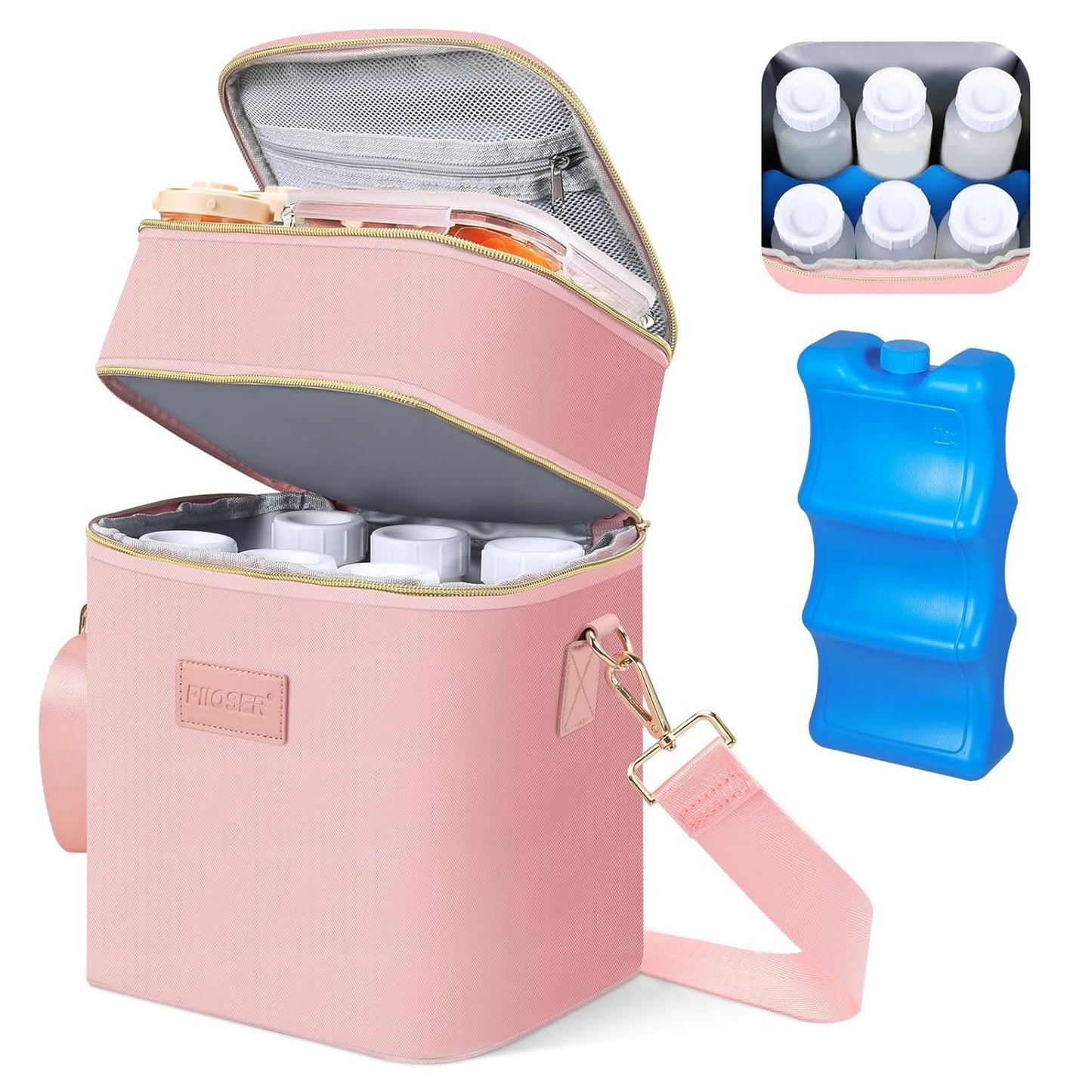 PIIOSER Breastmilk Cooler Bag with Ice Pack Fits 6 Baby Bottles Up to 9 Ounce, Insulated Baby Bottle Tote Bags, Double Layer Waterproof Leak-Proof with Shoulder Strap for Nursing & Working Mom (Pink)