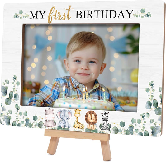 My 1st Birthday Picture Frames, Safari Animal Wooden 4x6 Photo Frame with Easel, Baby Wild One Birthday Gifts for Home Office Tabletop Display Decorations - G03