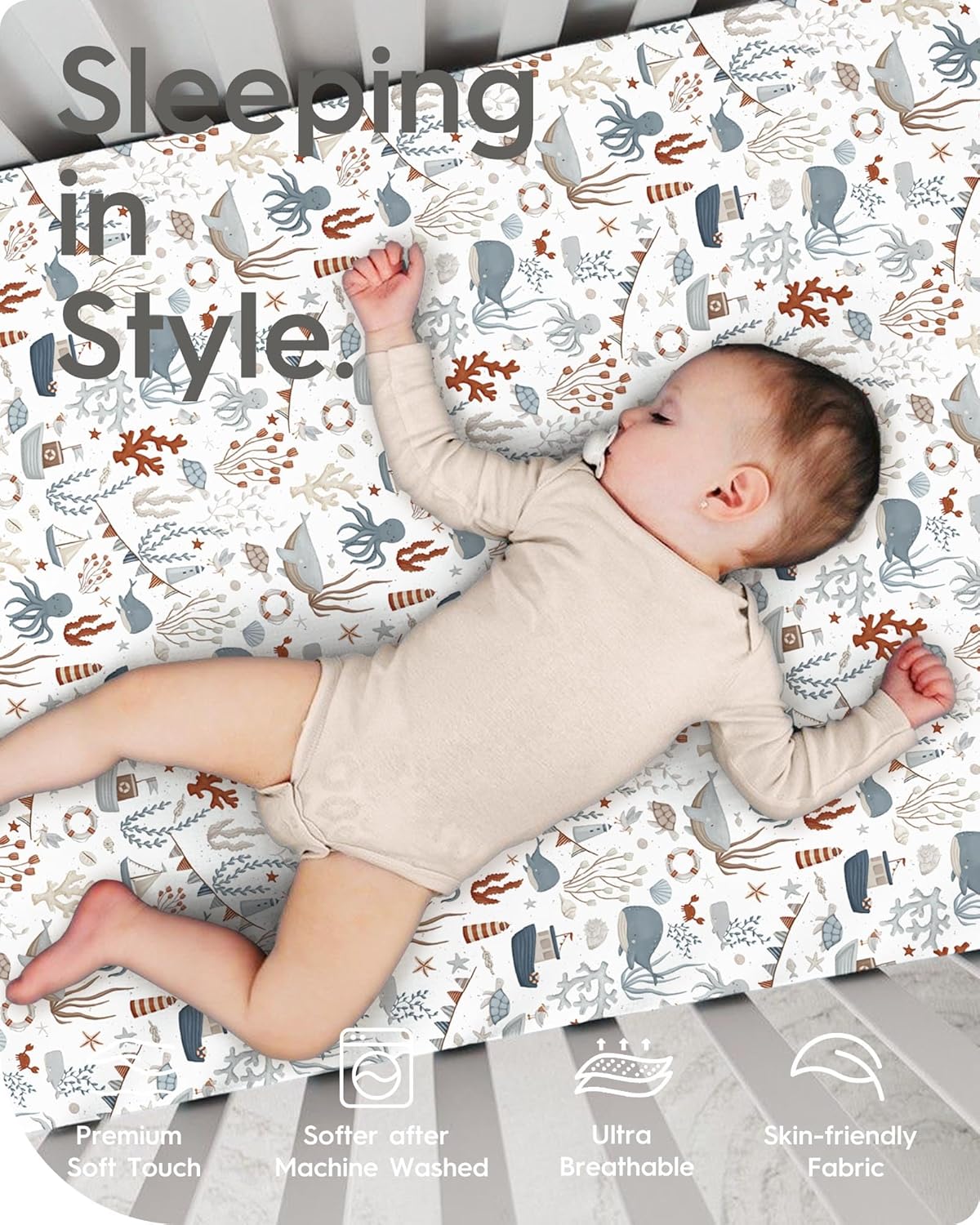 Pack and Play Sheets Fitted, Ultra Soft Mini Crib Sheets Boy, Neutral Pack N Play Mattress Sheets Hypoallergenic and Soothing, Premium Jersey Playrad Sheets, Dino Sea Animals, 2 Pack