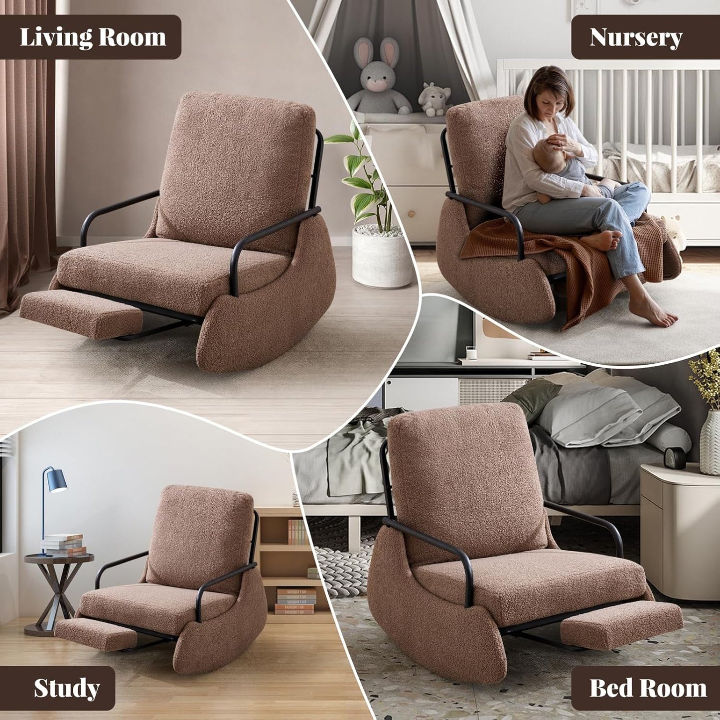 Nursery Rocking Chair, Teddy Upholstered Glider Rocker Modern Accent Chair Padded Seat with High Backrest,Comfy Side Chair for Nursery,Living Room Bedroom Offices (Brown)