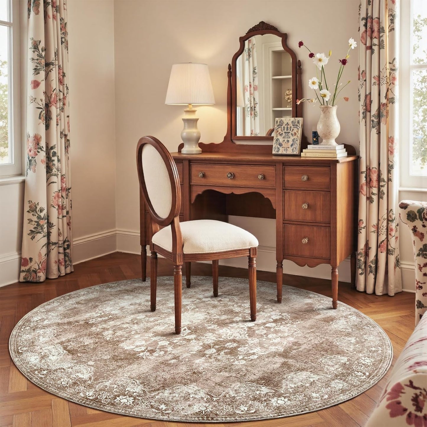 jinchan Round Rug 6ft Area Rug - Brown Vintage Floor Mat Kitchen Indoor - Washable Circle 6' Thin Floral Print Carpet Retro Farmhouse Non Slip Dining Room Living Room Bedroom Office