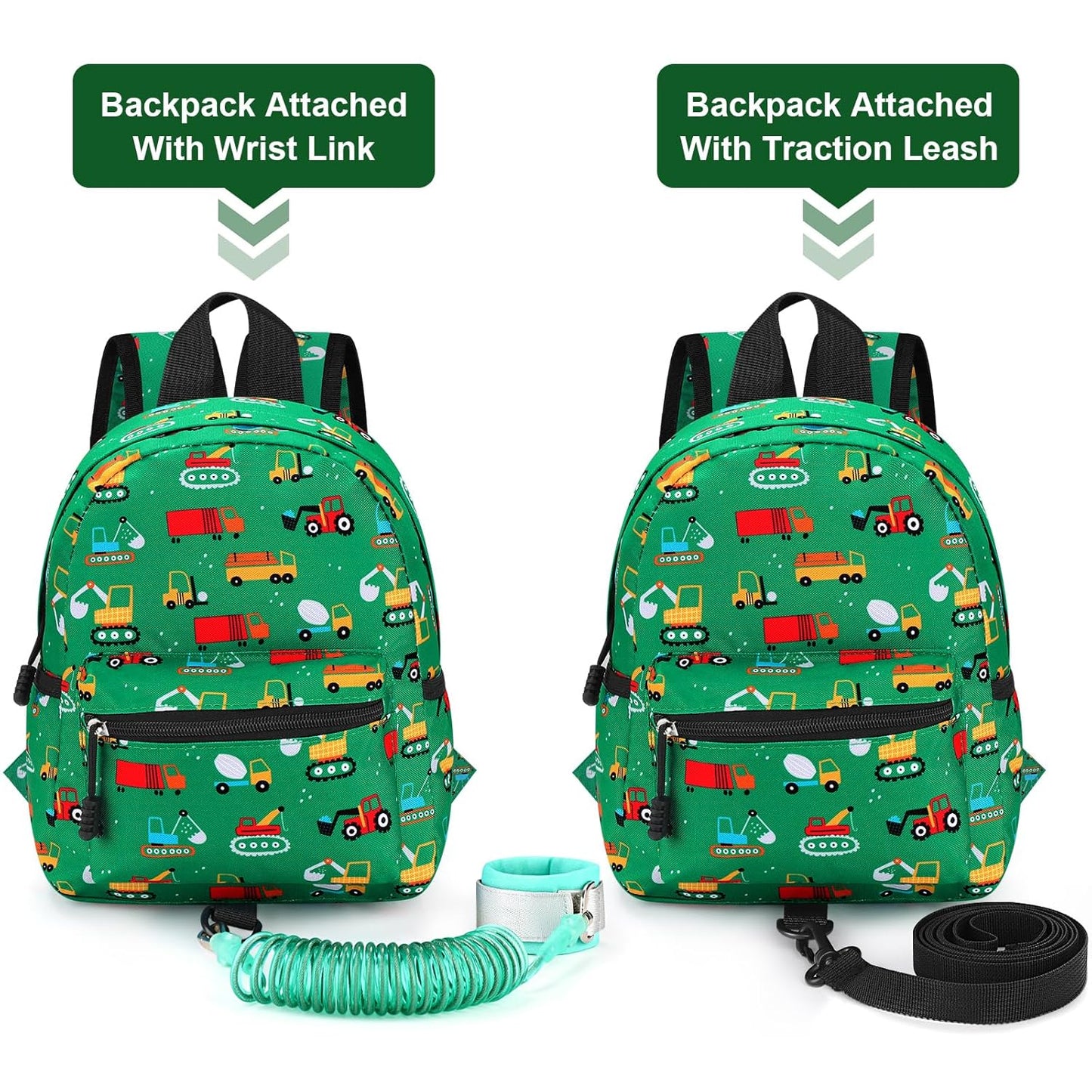 Accmor Toddler Backpack with Leash, Cute Baby Backpack with Anti Lost Wrist Link, Mini Kids Backpack Leash Walking Harness for Travel, Small Excavator Backpack Tether for Boys Girls Ages 1-3 (Green)