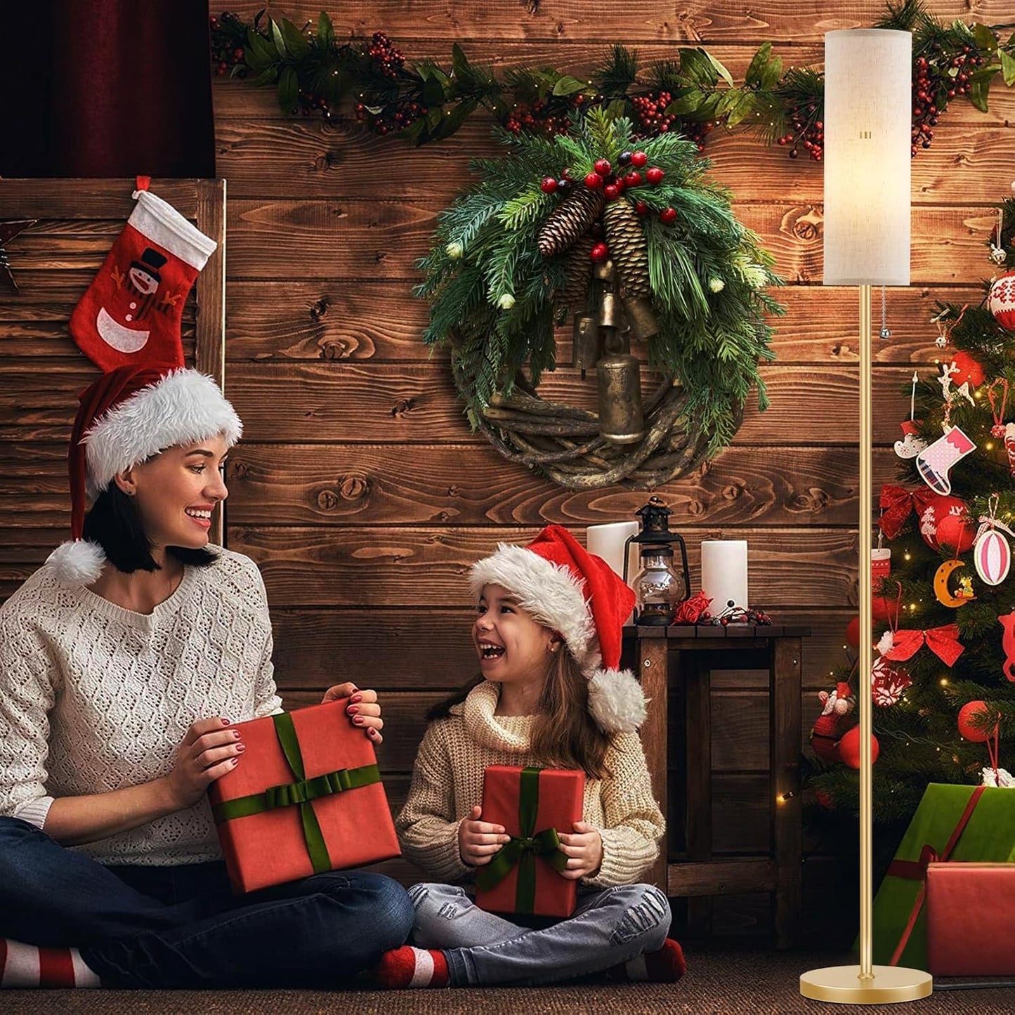 Ambimall Floor Lamp for Living Room with 3 Color Temperatures Bulb, 64" Standing lamp with Linen lampshade for Bedroom, Minimalist Pole Lamp, Beige Shade & Gold Pole