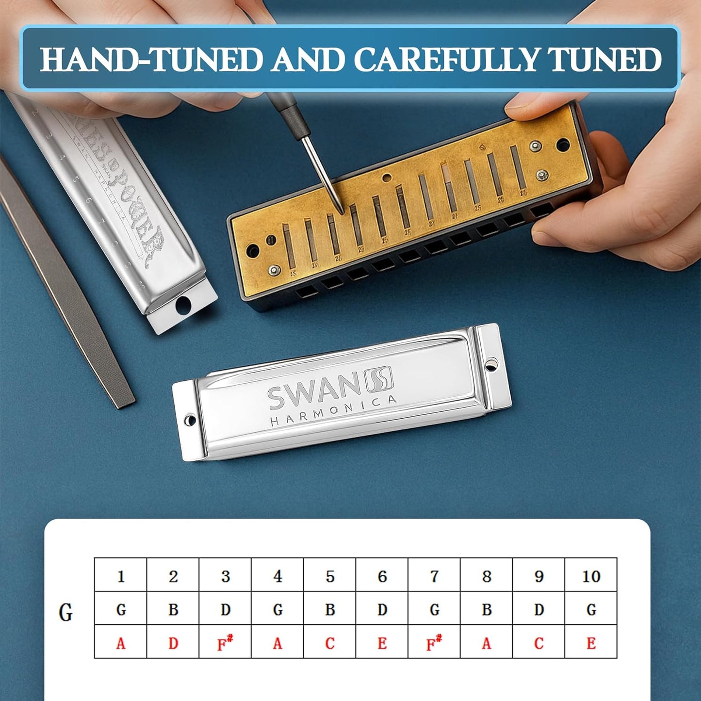 SWAN Blues Harmonica, Key of G, 10 Hole 20 Tone Diatonic Harp Mouth Organ, Stainless Steel Deluxe Harmonica for Adults, Students, Beginners, as a Gift (Silver-G)