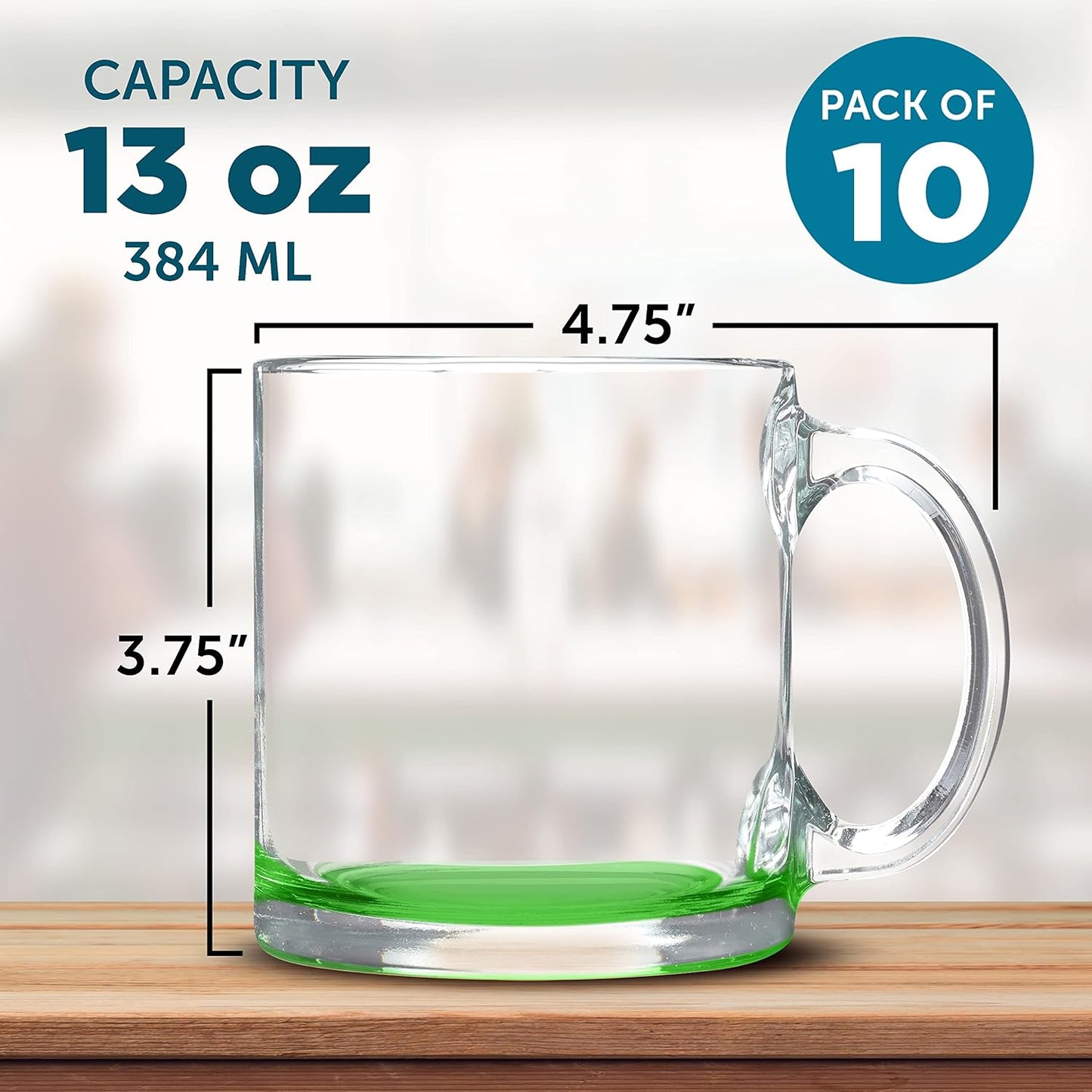 Libbey Clear Glass Coffee Mugs 13 oz. Set of 10, Bulk Pack - Perfect for Coffee, Tea, Espresso, Hot Cocoa, Other Beverages - Green Bottom