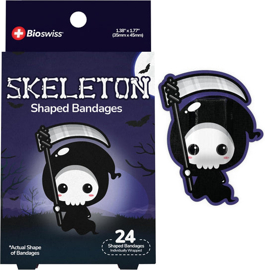 BioSwiss Bandages, Halloween Skeleton Shaped Self Adhesive Bandage, Latex Free Sterile Wound Care, Fun First Aid Kit Supplies for Kids, 24 Count