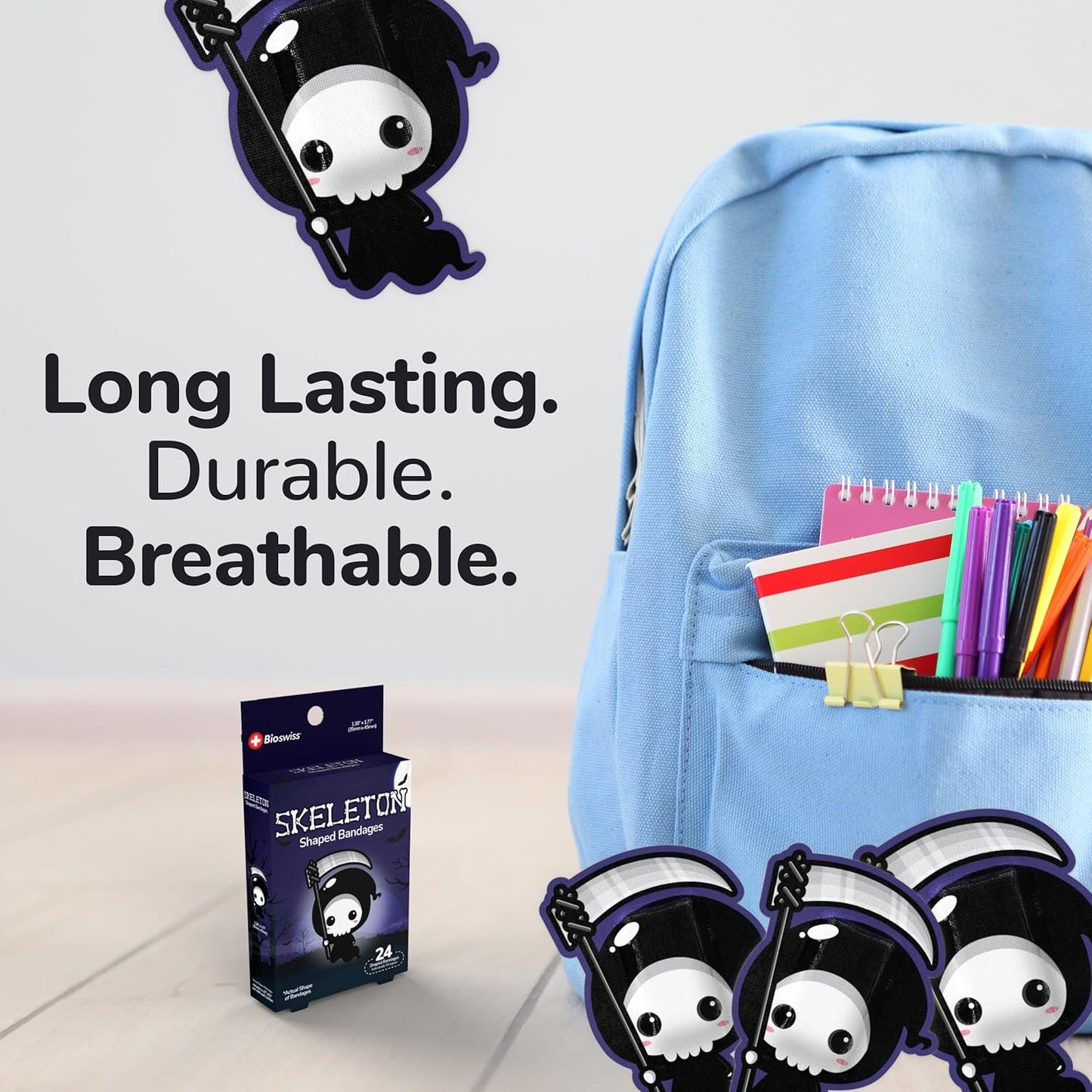 BioSwiss Bandages, Halloween Skeleton Shaped Self Adhesive Bandage, Latex Free Sterile Wound Care, Fun First Aid Kit Supplies for Kids, 24 Count