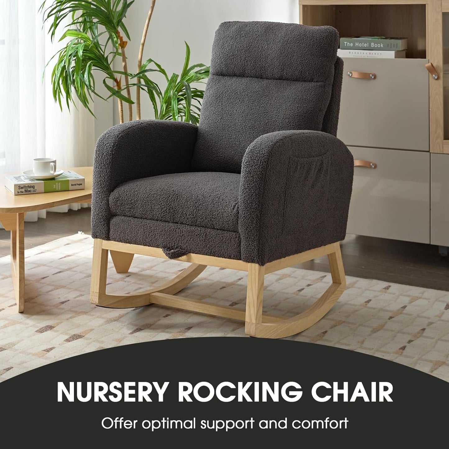 NIOIIKIT Modern Nursery Rocking Chair, Teddy Upholstered Rocking Chair with Footrest, Comfortable Rocker Chair with Side Pocket, Rocker Chair for Living Room, Bedroom, Nursing Room (Grey)