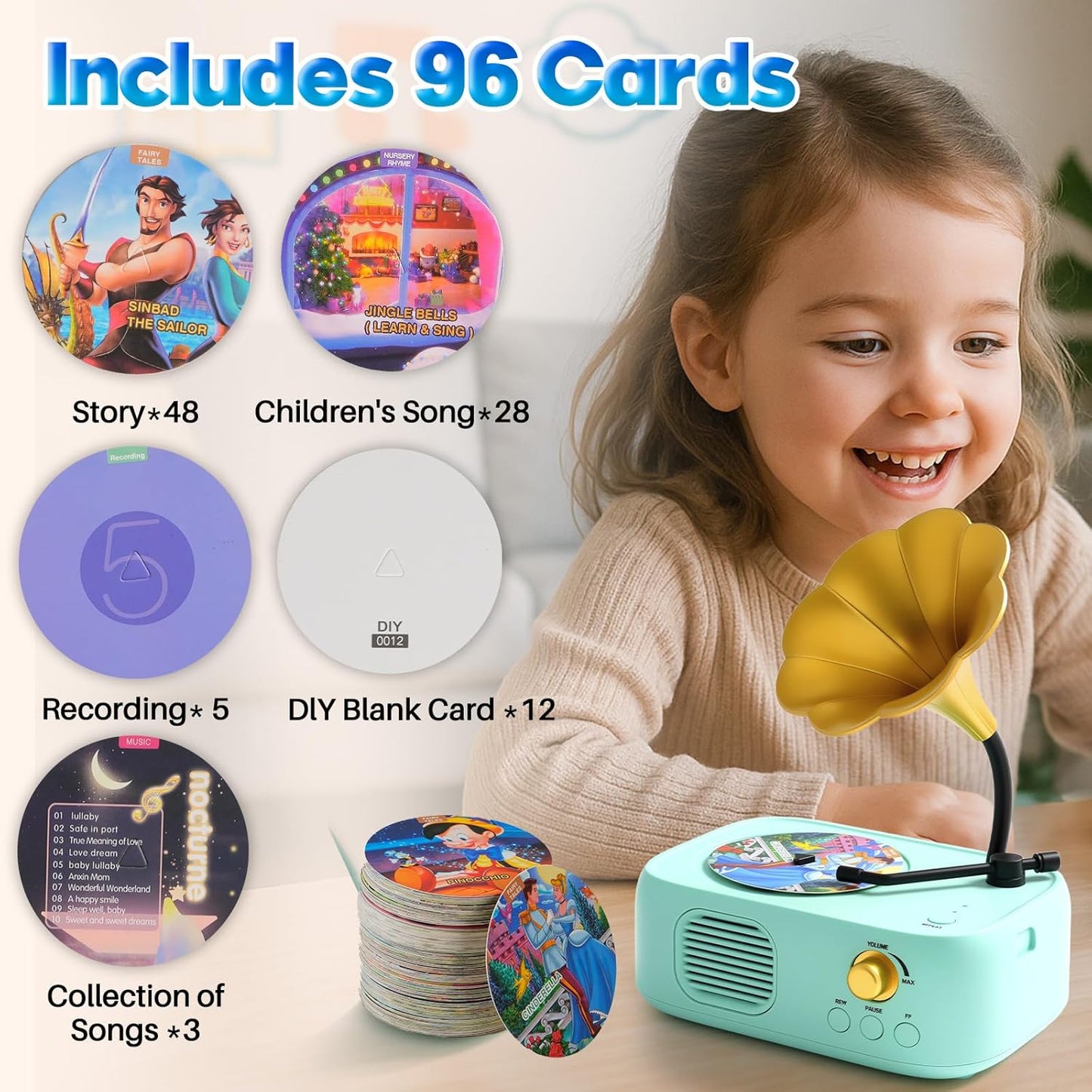 Kids Phonograph Toddler Record Player， with 96 Learning Cards, Early Education Machine Record Player Music Box Storyteller pop Speakers, Gift for Boys and Girls