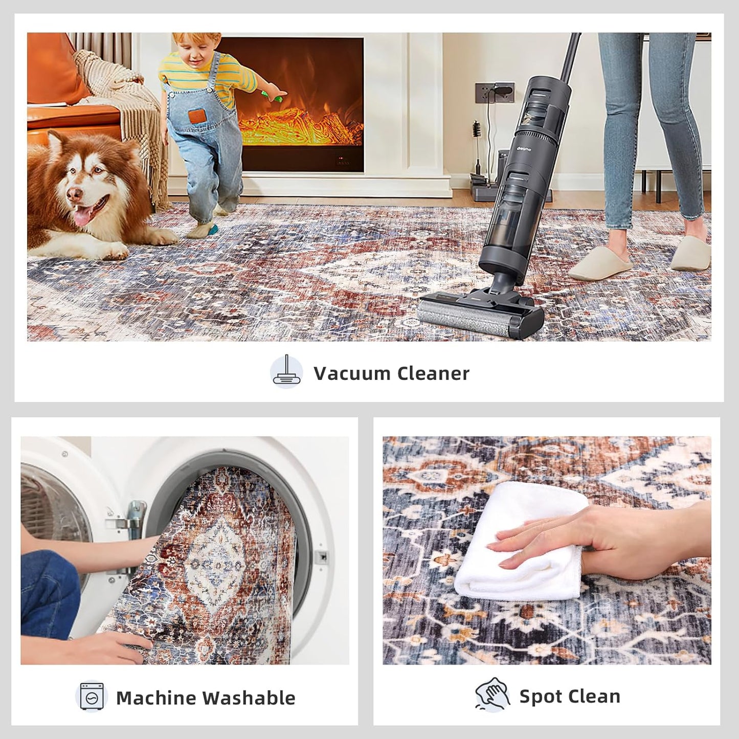 Boho Runner Rug 3x8 Low Pile Rug Runners for Hallway Kitchen Distressed Carpet Runner Rug Non-Slip Brown/Navy Blue