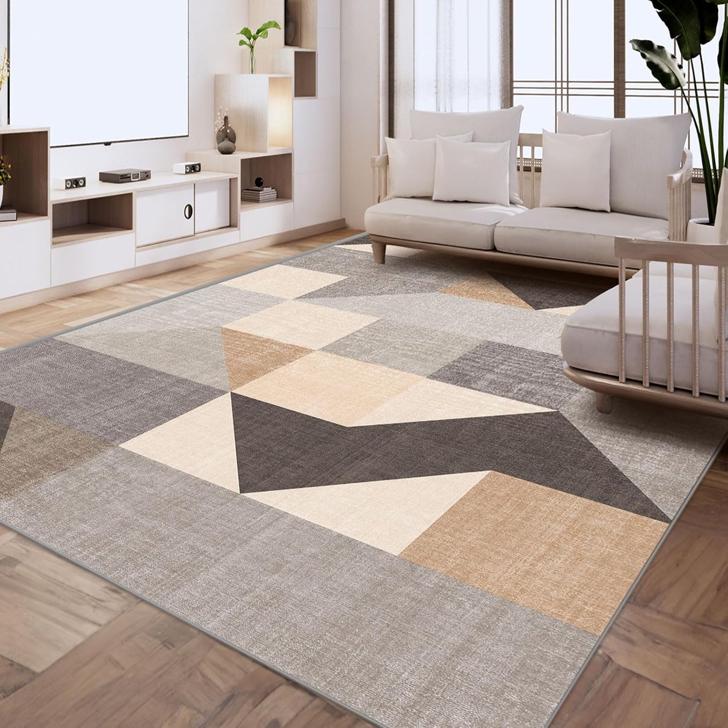HOMFINE Washable Modern Area Rug - Geometric Style 9x12 Rugs for Living Room, Bedroom, Machine Washable Rug Soft Non Slip Non Shedding Area Rug - Grey Brown, 9'x12'