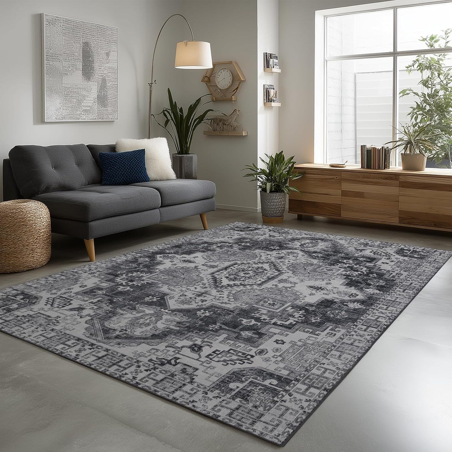 Washable 6x9 Area Rug for Living Room, Carpet for Bedroom Dining Room, Non Slip&Non-Shedding Resistant Low Pile Vintage Print Rug for Home Office (Medium Gray)