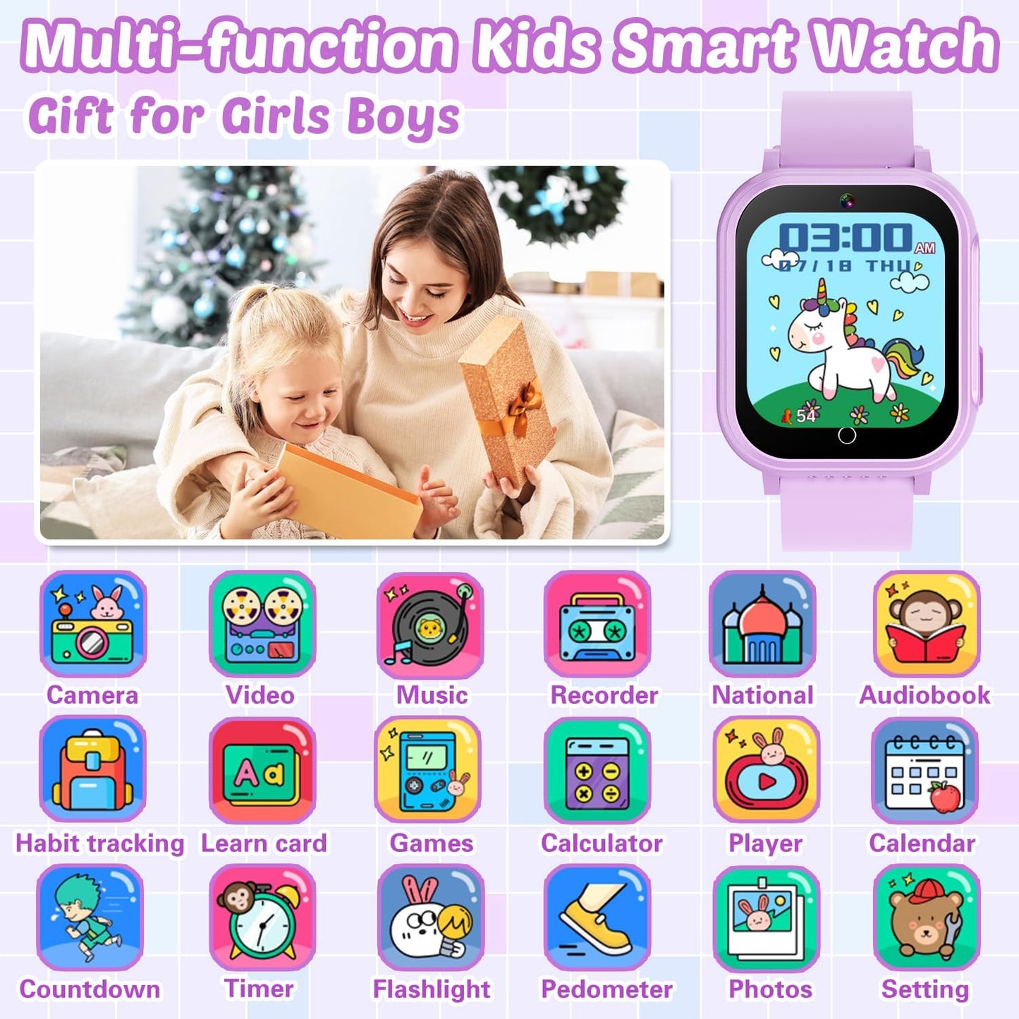 Waterproof Smart Watch for Kids Gift for Girls Age 5-12 with 32 Games, Dual Camera, Habit Tracking, Music Player, Video, Alarm Clock, HD Touchscreen Kids Smart Watch Birthday Toys for 6 7 8 9 Year Old
