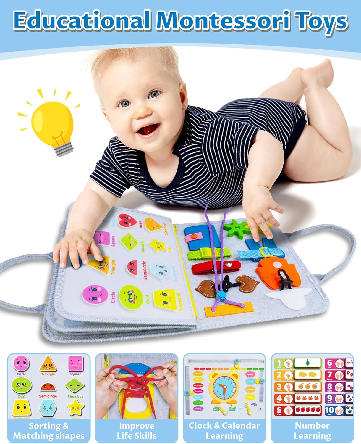 Exorany Busy Board Montessori Toys for Toddler Boy & Girl Birthday Gifts, Busy Book Learning Sensory Toys for Toddlers, Toddler Travel Toy Educational Activities Learn Fine Motor Skills