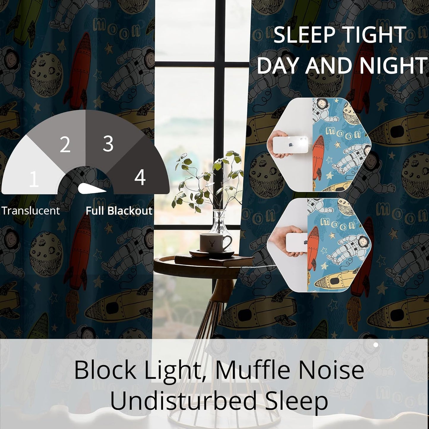 Kids Astronaut and Rocket Blackout Curtains - 100% Blackout, Thermal Insulated, Noise Reducing, Bring The Cosmos Closer to Your Kid’s Room, 2 Panels (Moonbound Adventure, W52×L63)