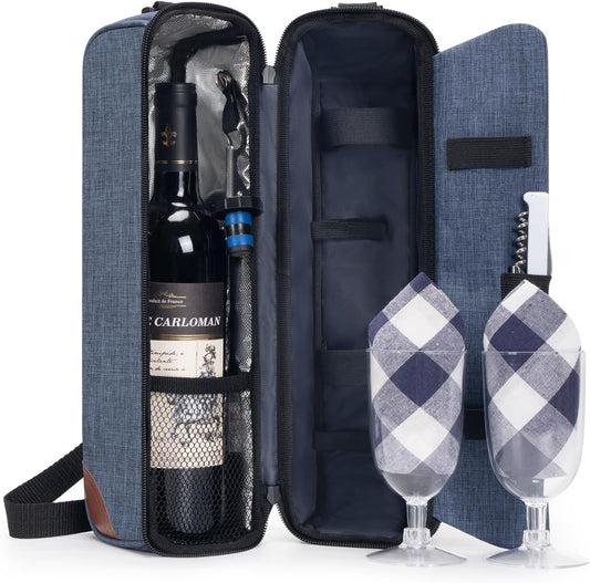 ALLCAMP Wine Bag - Insulated Cooler Bag with Wine Glasses, Bottle Opener & Wine Accessories for Wine Lovers - Portable Wine Gift Bag for Travel, Picnics, and Gift Ideas(Blue)