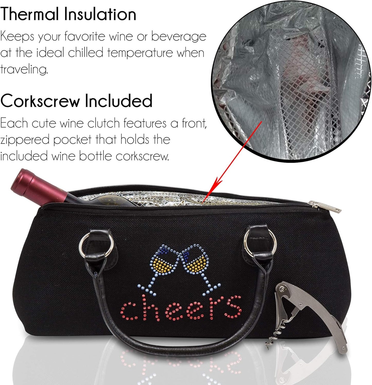 Wine Clutch Bag (Thermal Insulated) Trendy Women’s Carry Tote | Holds Red & White 750mL Bottles | Trendy Fashion | Incl. Portable Waiter-Style Corkscrew (Cheers)