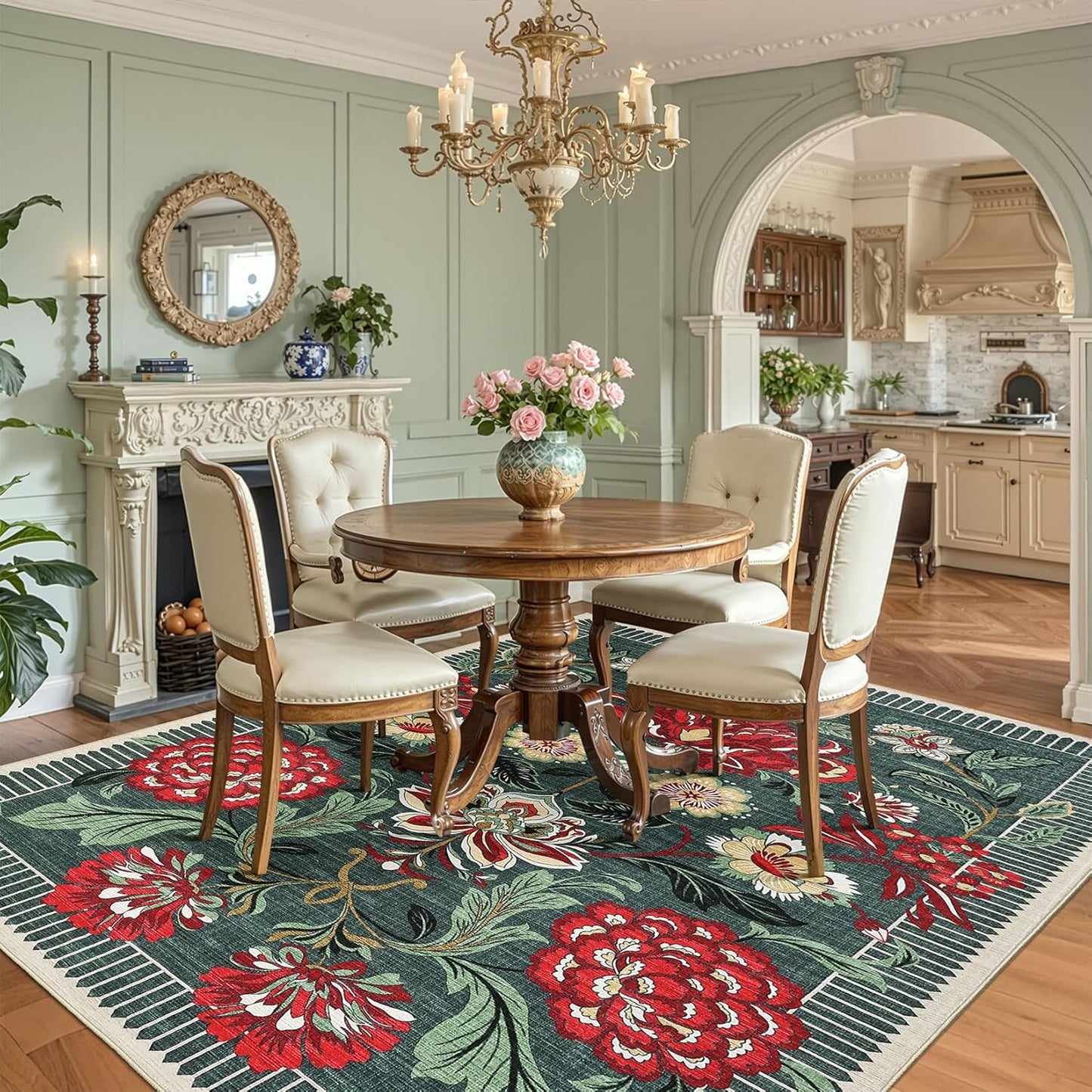 GarveeHome Floral Botanical Washable 8x10 Area Rug for Living Room Soft Grey Green Vintage Boho Cottage Large Rugs Low Pile Carpet for Bedroom Dining Nursery Rug