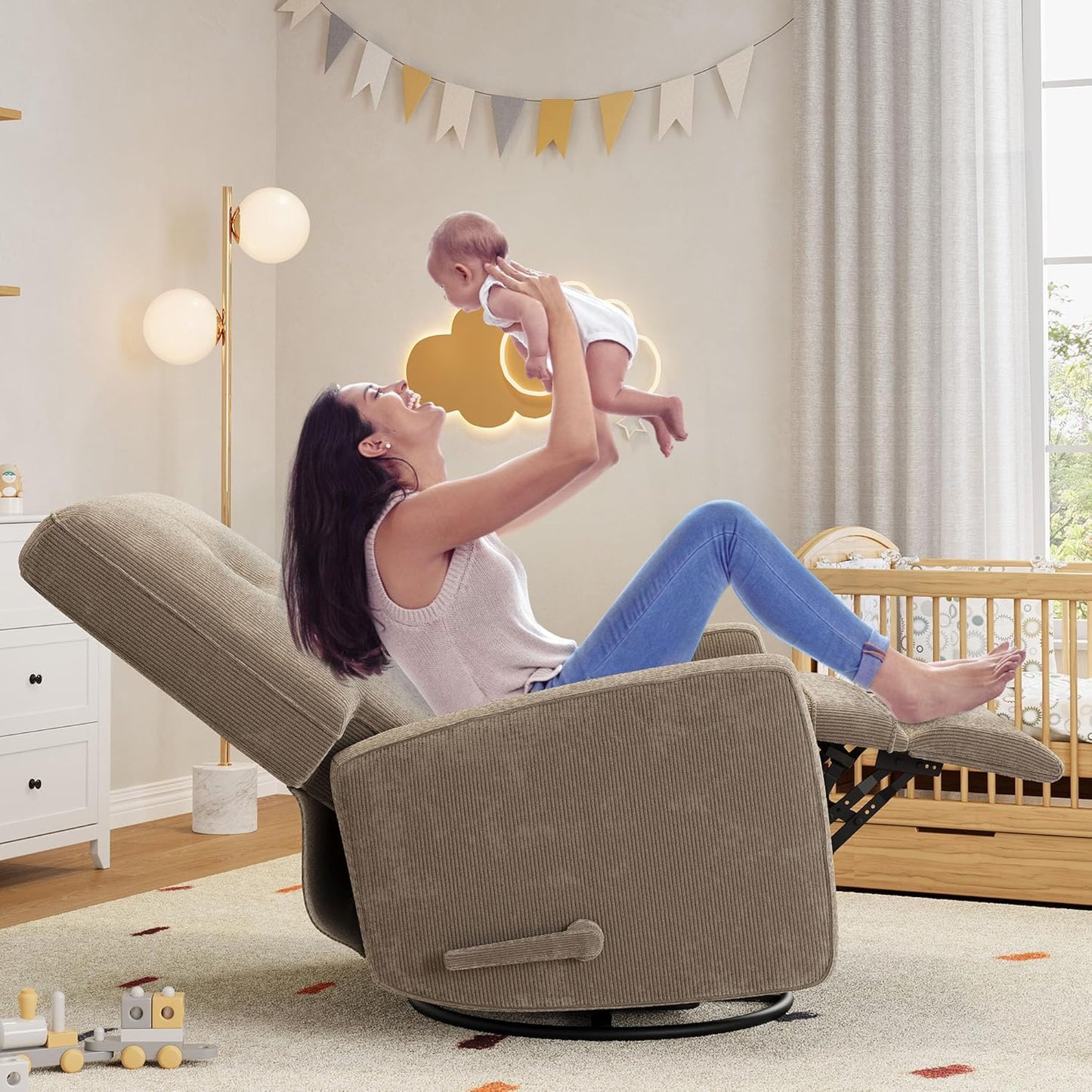 Recliner Chairs, Swivel Rocker Recline, Glider Recliner Nursery Chair, Recliner Chair for Adults, 360° Swivel Glider Rocking Chair for Living Room, Bedroom, Office, RV, Corduroy, Khaki