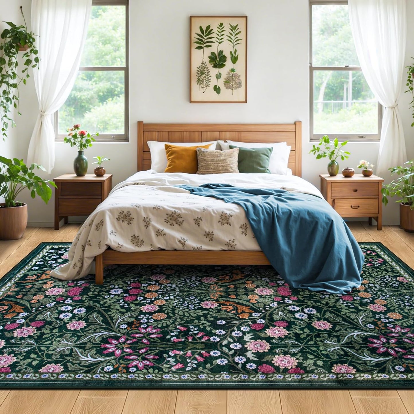 Area Rug Living Room Rugs: Floral 4x6 Washable Rug Vintage Soft Boho Non-Slip Carpet Indoor Floor Stain Resistant Large Carpets for Bedroom Dining Room Farmhouse Nursery Hallway Home Office Dark Green