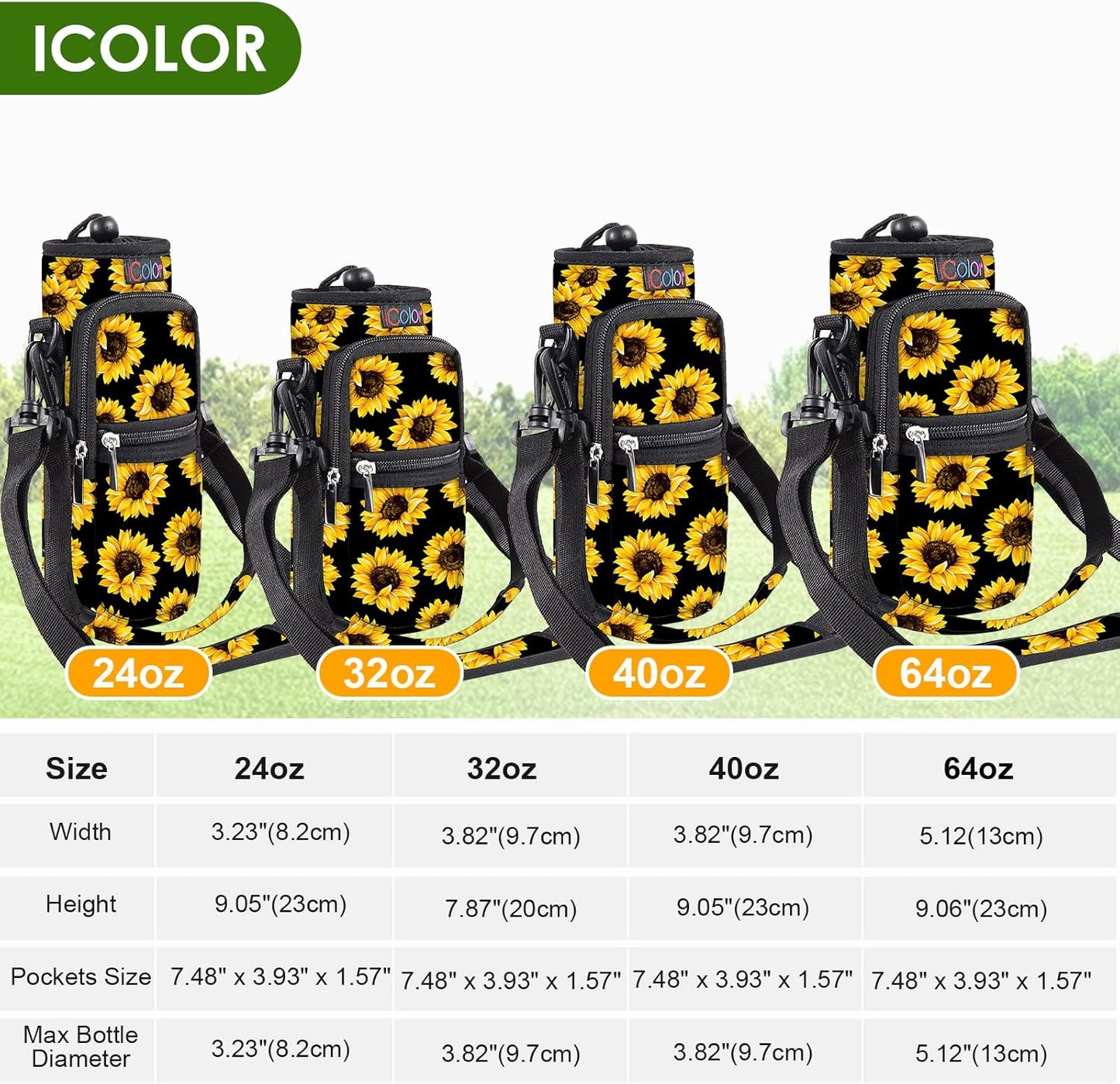 icolor Water Bottle Carrier Bag with Strap 25/32/40 oz Crossbody Bottle Holder with Phone Pocket Sling Sleeve Insulated Neoprene Water Bottle Pouch for Walking Travelling