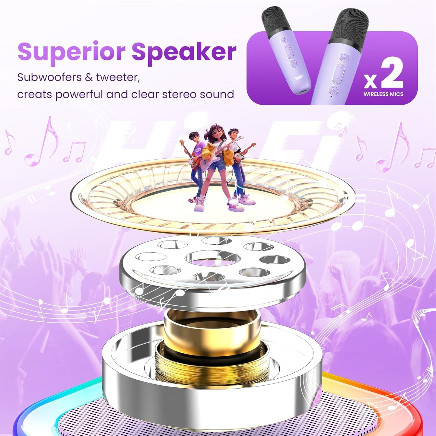 Peski Karaoke Machine for Kids Adults, Portable Bluetooth Mini Karaoke Microphone Singing Speaker with 2 Wireless Mic and Light,Toys for All Smartphones,Birthday, Family,Home Party (Purple)