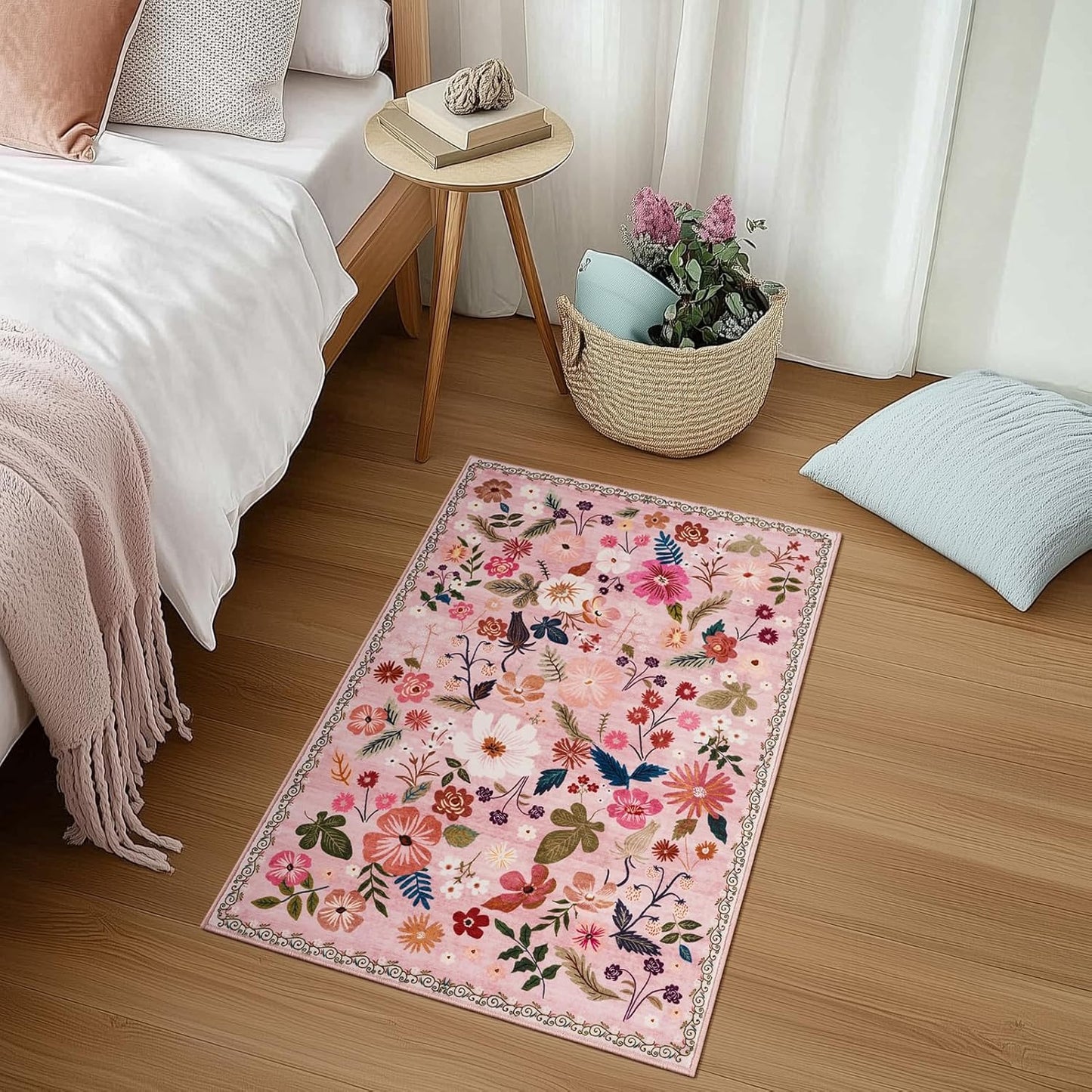 2x3 Washable Entryway Rugs Pink Boho Vintage Floral Pattern Non Slip with Rubber Backing Small Rugs Stain Resistant Faux Fur Low Pile Door Mat for Front Door Kitchen Bedroom Girls Bathroom Laundry