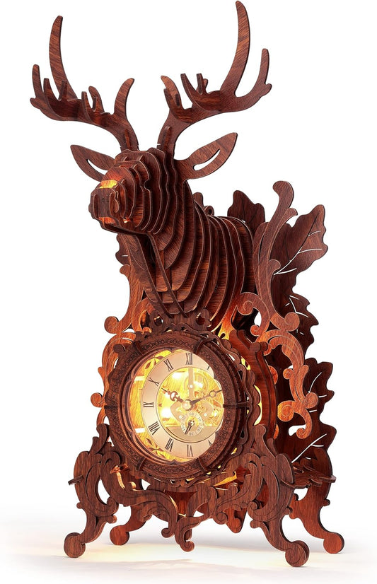 LED 3D Wood Puzzle Deer Clock, 3D Wooden Puzzle Elk Clock Building Model, Home Décor 3D Wooden Puzzle for Adults/Teens Christmas Gift(Wood, Yellow Light)