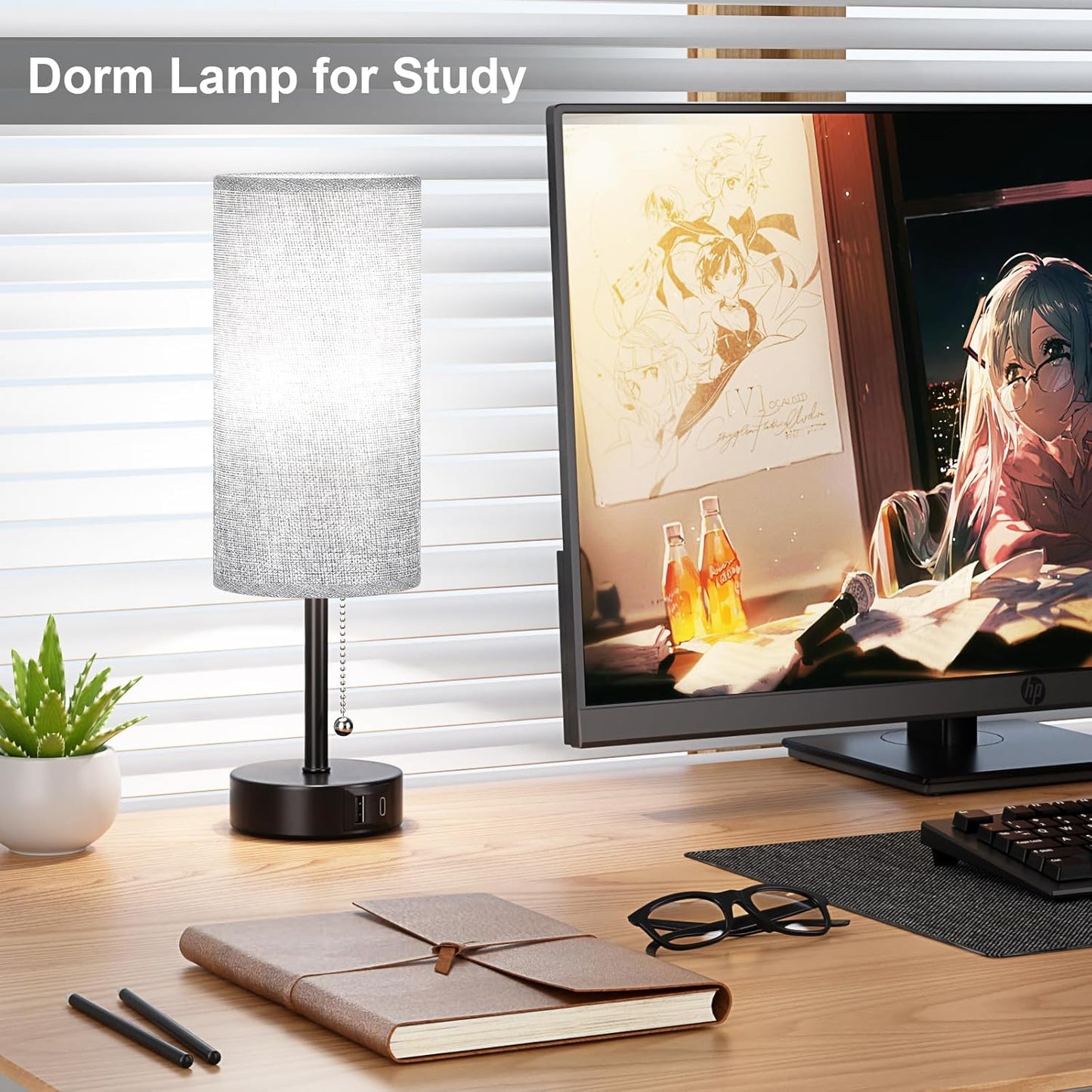 Grey Bedside Lamps for Bedroom Set of 2 - Nightstand Table Lamp with USB A + C Charging Port, 3 Color Temperatures Pull Chain Night Stand Light, Side Table Desk Reading Lamp for Living Room/Dorm Room
