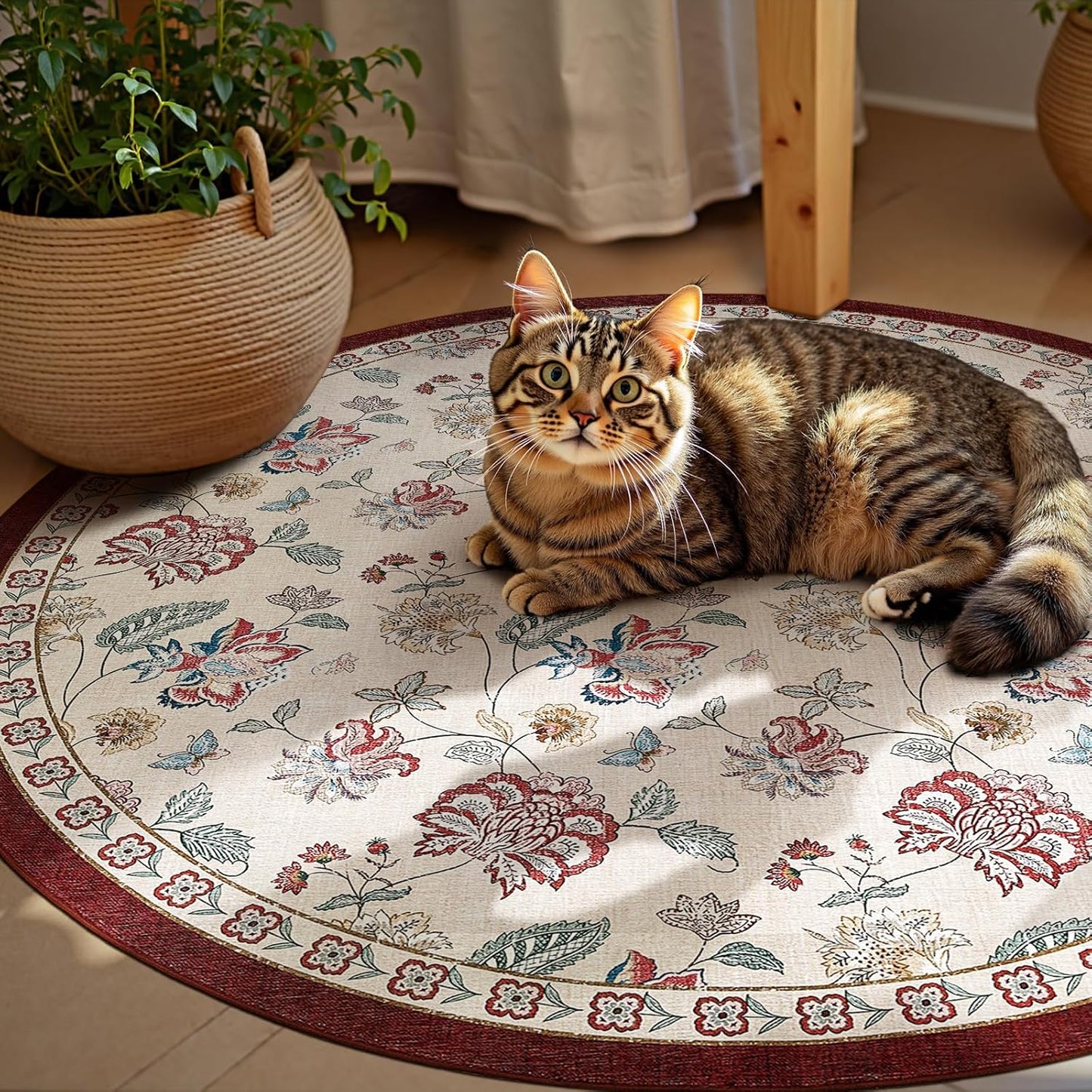 jinchan 4ft Floral Round Rug for Entryway Washable Kitchen Rug Vintage Romance Design Non Slip Indoor Doormat Lightweight Low-Profile Throw Carpet for Living Room Dining Room Bedroom, Red/Beige