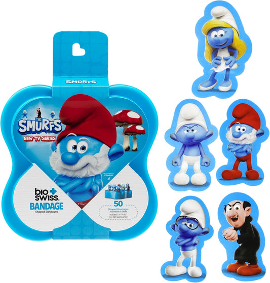 BioSwiss Bandages, The Smurfs in 3D Shaped Self Adhesive Bandage, Latex Free Sterile Wound Care, Fun First Aid Kit Supplies for Kids and Adults, 50 Count Plastic Case