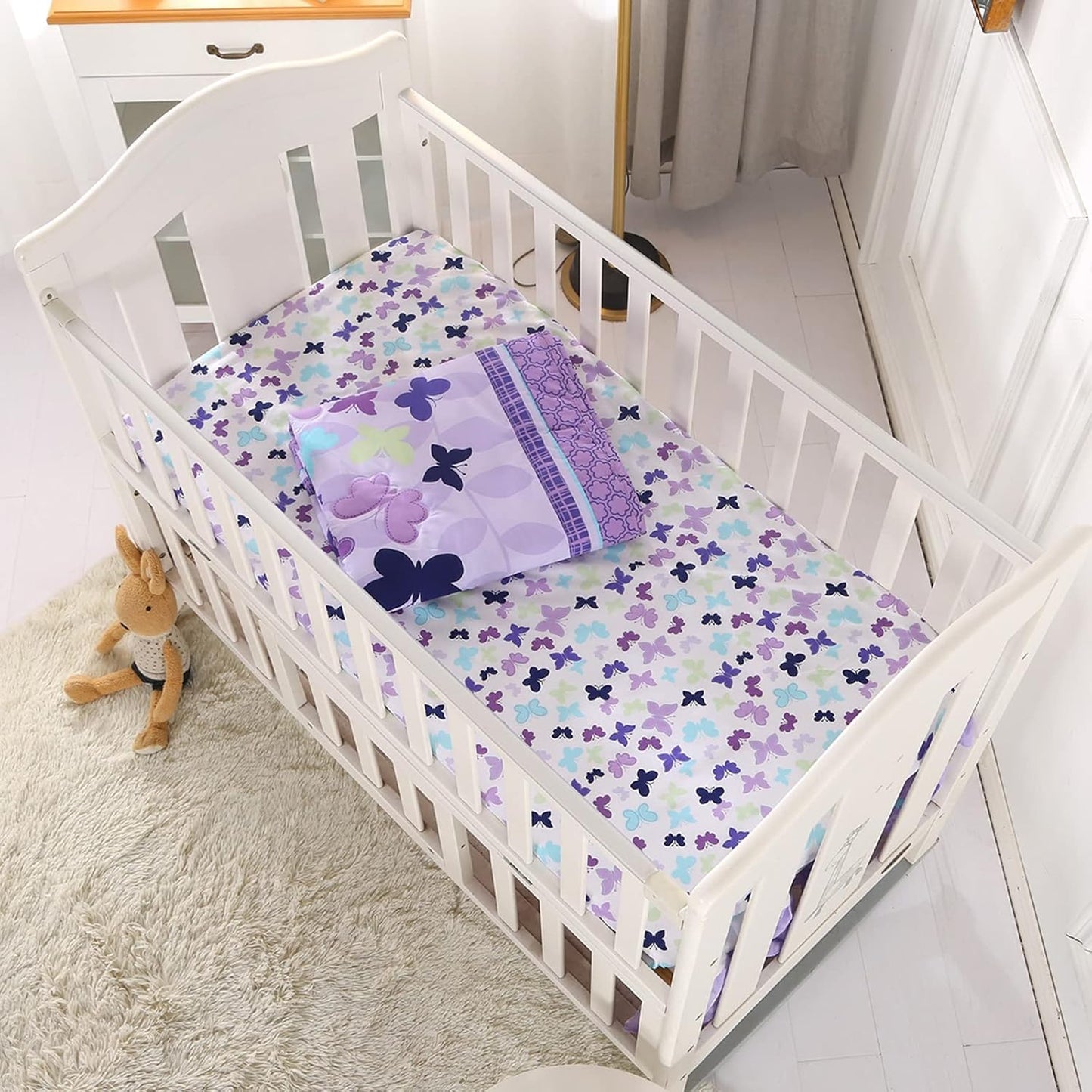 Wowelife Butterfly Crib Bedding Set for Girls 3 Piece Baby Girl Bedding Sets Purple Nursery Crib Sets Newborn, Infant &Toddler Include Quilted Comforter,Crib Skirt and Fitted Sheet, Purple