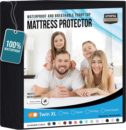 Utopia Bedding Waterproof Mattress Protector Twin XL Size, Premium Terry Mattress Cover 200 GSM, Breathable, Fitted Style with Stretchable Pockets (Black)