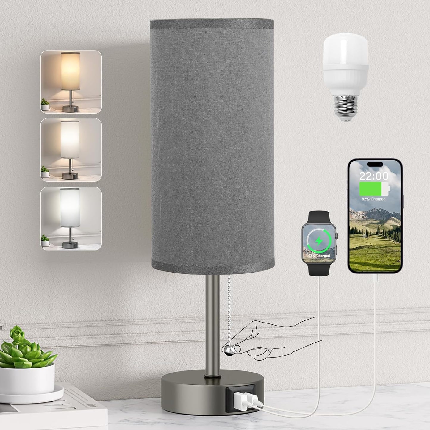 Grey Bedside Lamp for Bedroom Nightstand - Small Table Lamp with USB A + C Charging Port, 3 Color Temperatures Pull Chain Night Stand Light, Side Table Desk Reading Lamp for Living Room/Study Room
