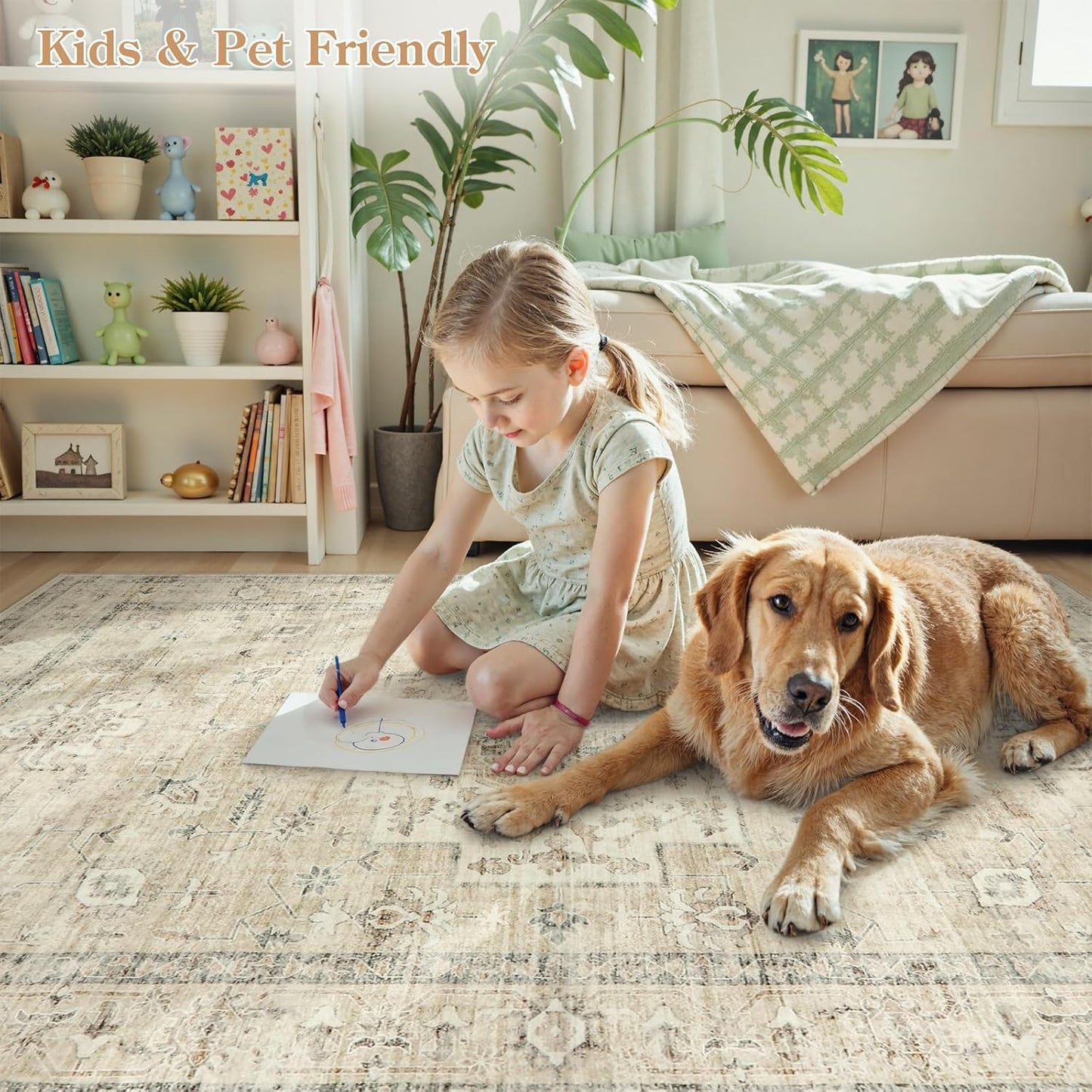 LIVEBOX Washable Area Rug 9x12 Rugs for Living Room Bedroom, Non-Slip Boho Neutral Carpet for Dining Room Office, Low-Pile Farmhouse Soft Carpets for Kids Nursery Room Playroom, Tan