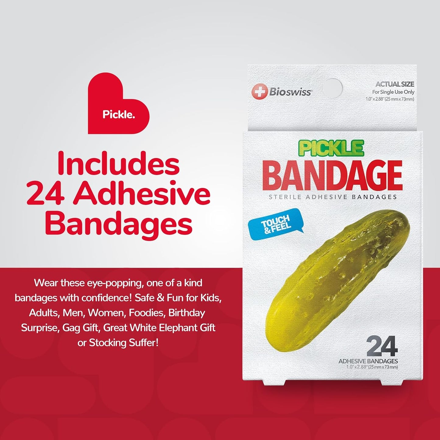 BioSwiss Bandages, Pickle Shaped Self Adhesive Bandage, Latex Free Sterile Wound Care, Fun First Aid Kit Supplies for Kids, 24 Count