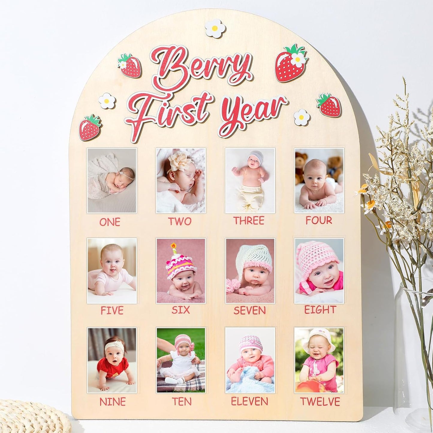 Berry First Year Photo Board Strawberry Birthday Party Wooden Board Decorations 12 Monthly Milestone Picture Frame One Year Old Wood Sign 1st Birthday Photo Banner for Baby Girls Keepsake Gift Supply