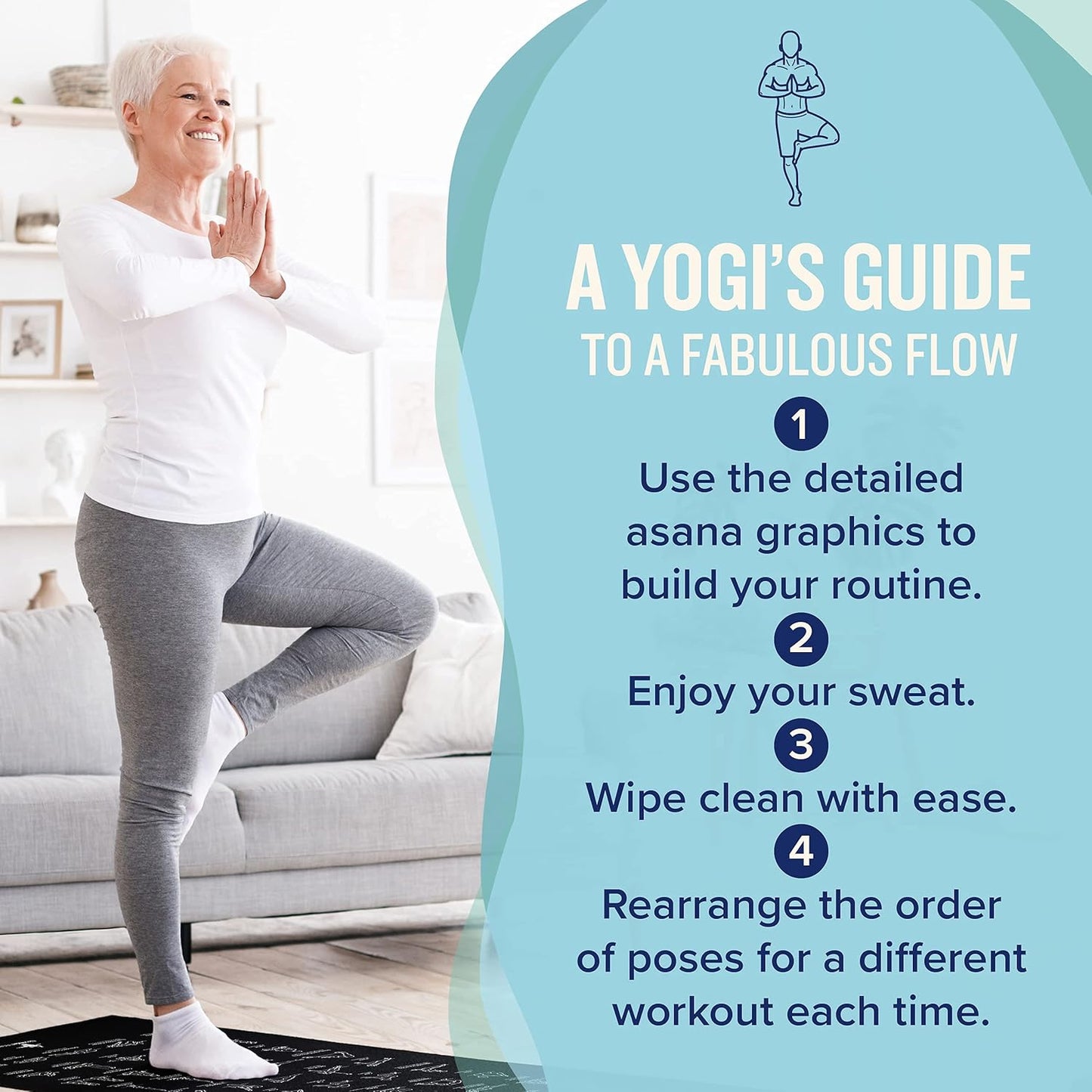 NewMe Fitness Yoga Mat for Women and Men - Large, 5mm Thick, 68 Inch Long, Non Slip Exercise Mats w/ 70 Printed Yoga Poses for Pilates, Workout and Stretching - Home and Gym Essentials