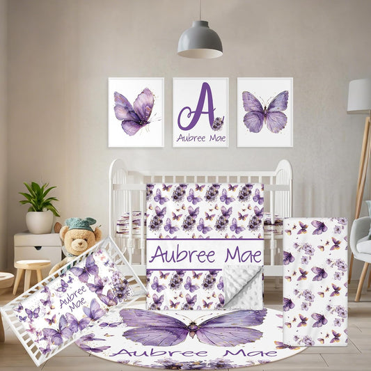 Personalized Baby Bedding Set, 5 Pcs Custom Toddlers Bedding Set with Infant Name, Soft Double Layer Nursery Crib Set for Girls Boys, Customized Infants Gifts for Baby Shower, Purple Butterfly
