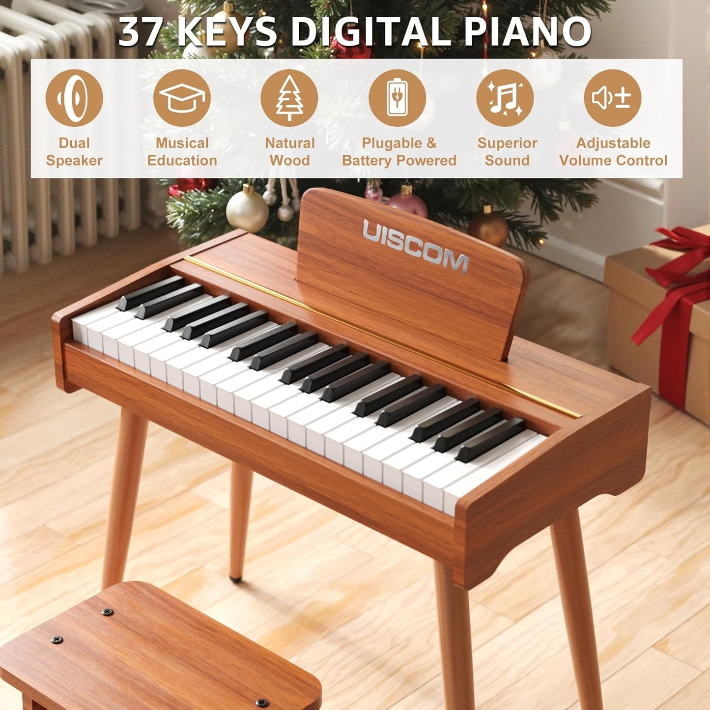 Kids Keyboard Piano, 37 Keys Digital Piano, Toddler Musical Instruments, Wooden Kids Piano with Bench, Toddler Piano for 3+ Girls and Boys, Brown