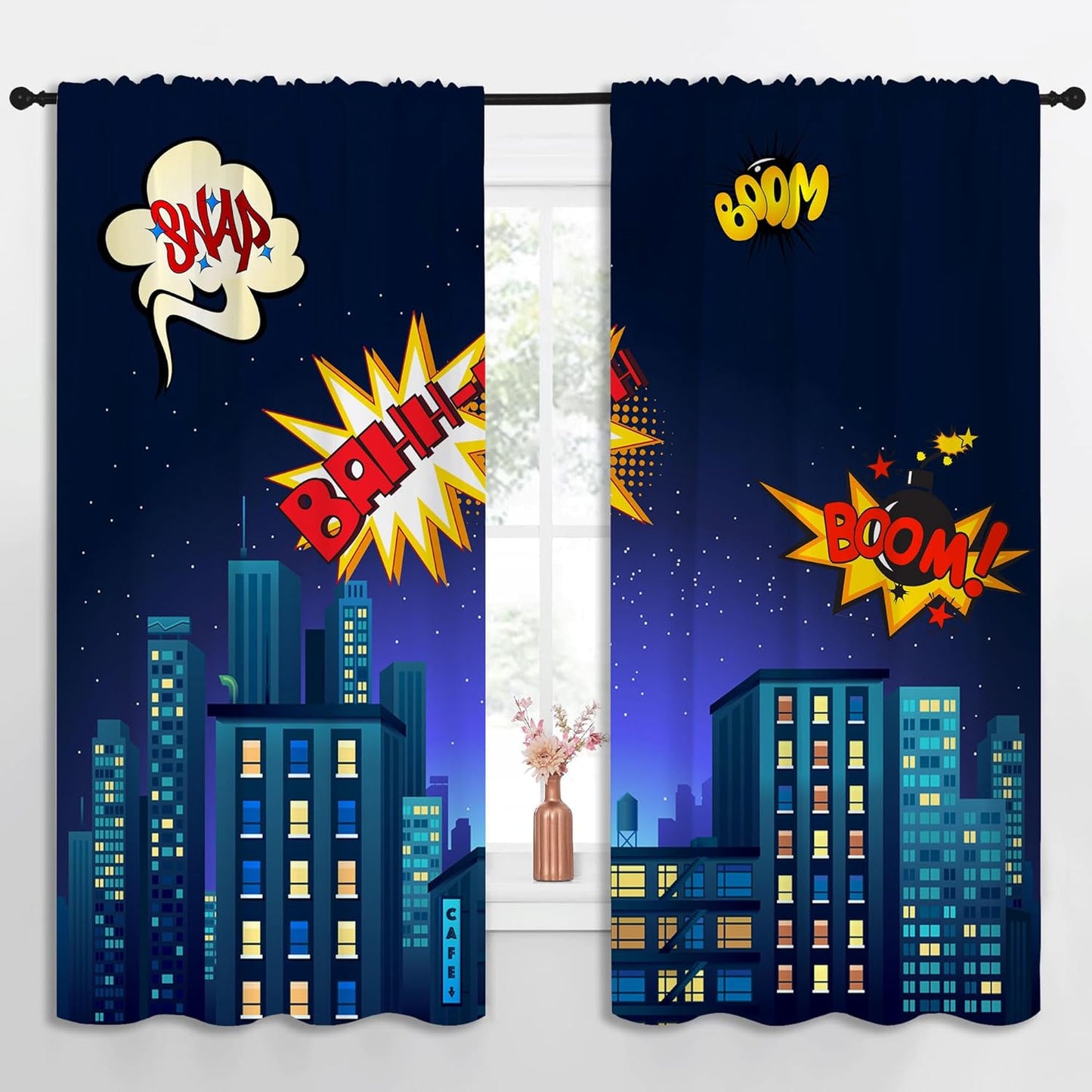 Superhero Rod Pocket Blackout Curtains for Boy Girl Bedroom, Cartoon Skyline Buildings Cityscape Home Energy Efficient Light Filtering Window Curtain for Living Room, 63x63 inch