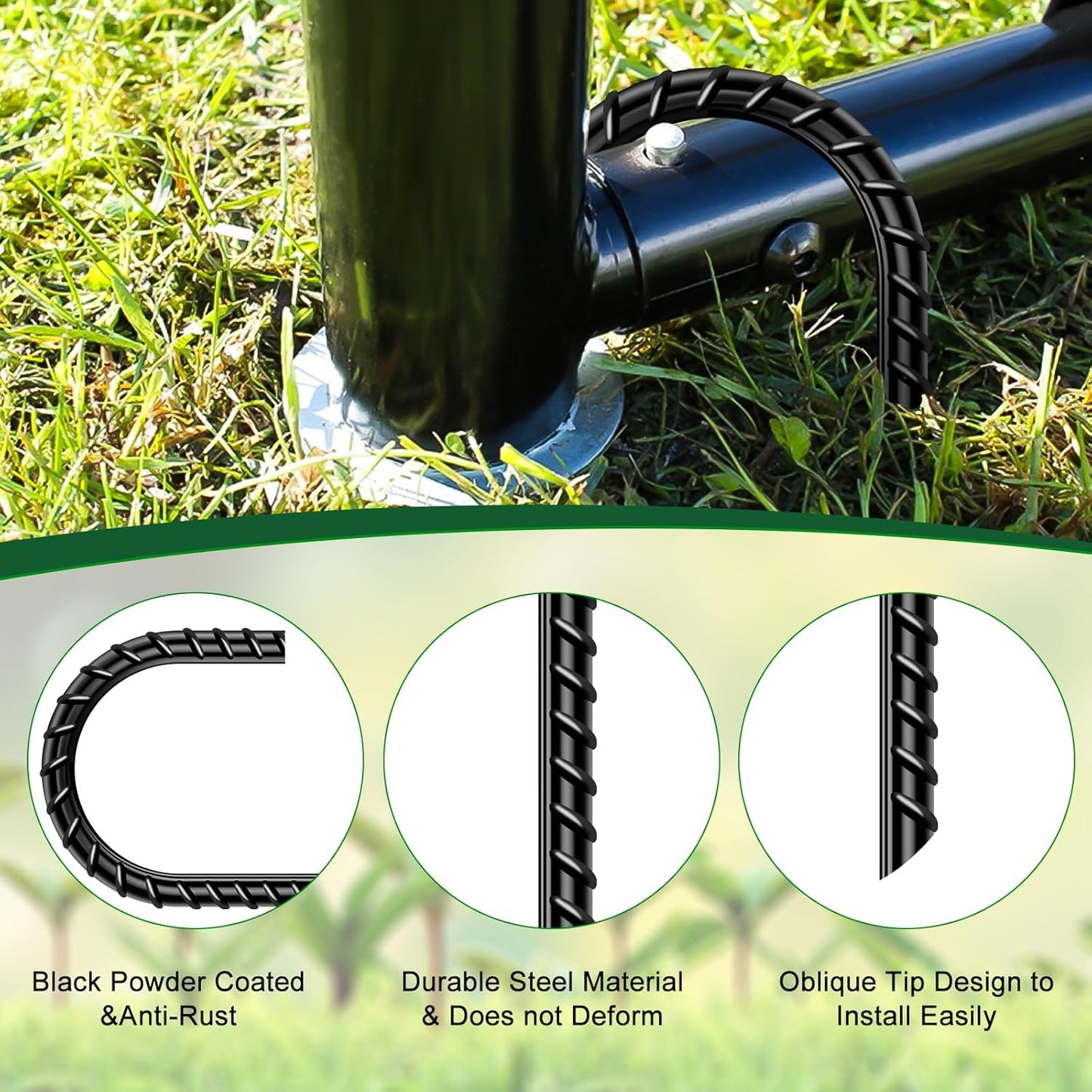 FEED GARDEN 12 Inch 16 Pack Rebar Stakes Heavy Duty J Hook, Galvanized Ground Stakes Tent Stakes Steel Ground Anchors, Chain Link Fence Stakes, Trampoline Stakes, Black