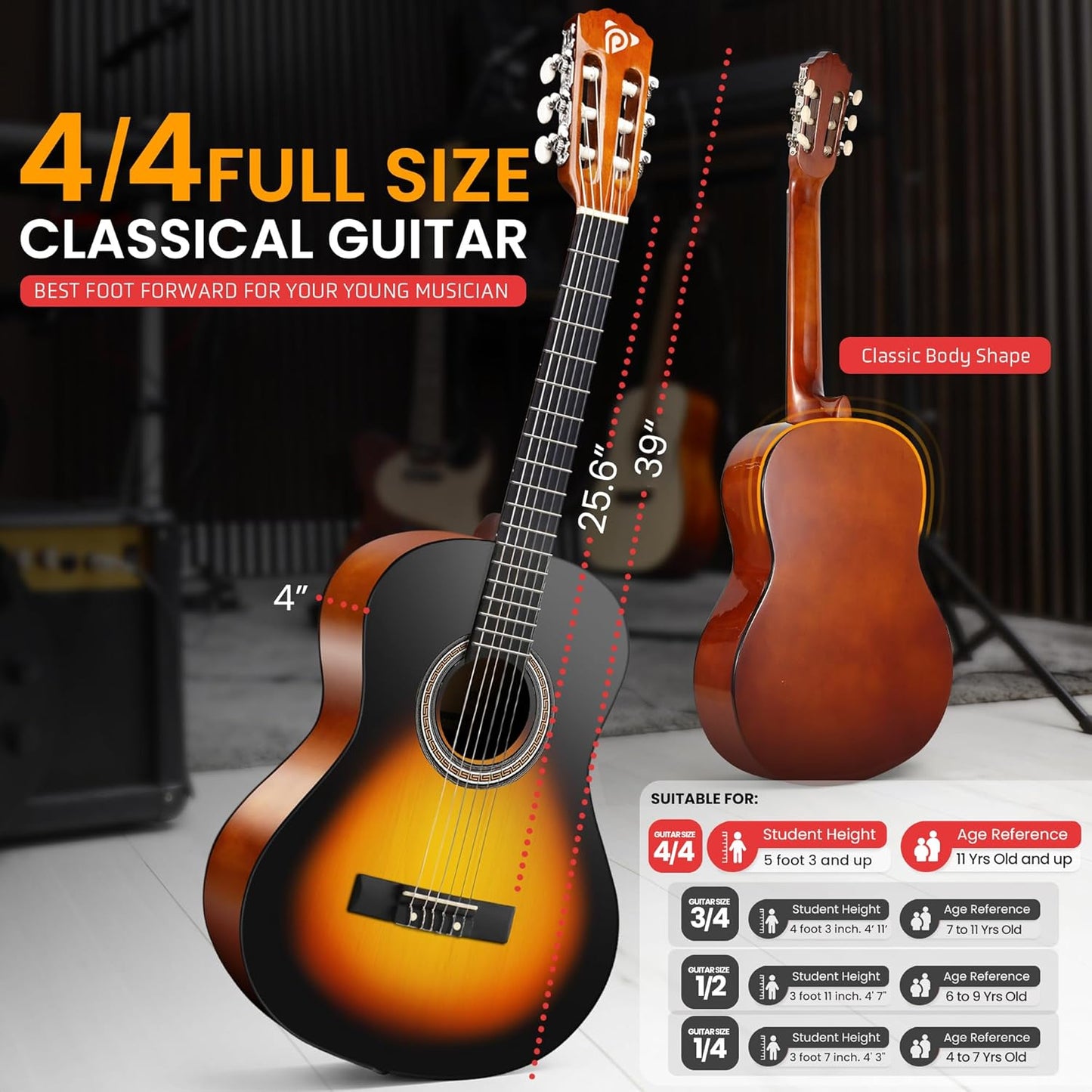 Pyle Beginner Acoustic Guitar Kit, 4/4 Full Size All Wood Build Nylon String Instrument with Capo, Gig Bag, Strap, Extra String Set, Guitars for Beginners Adults Youth, 39" Sunburst Teardrop Gloss