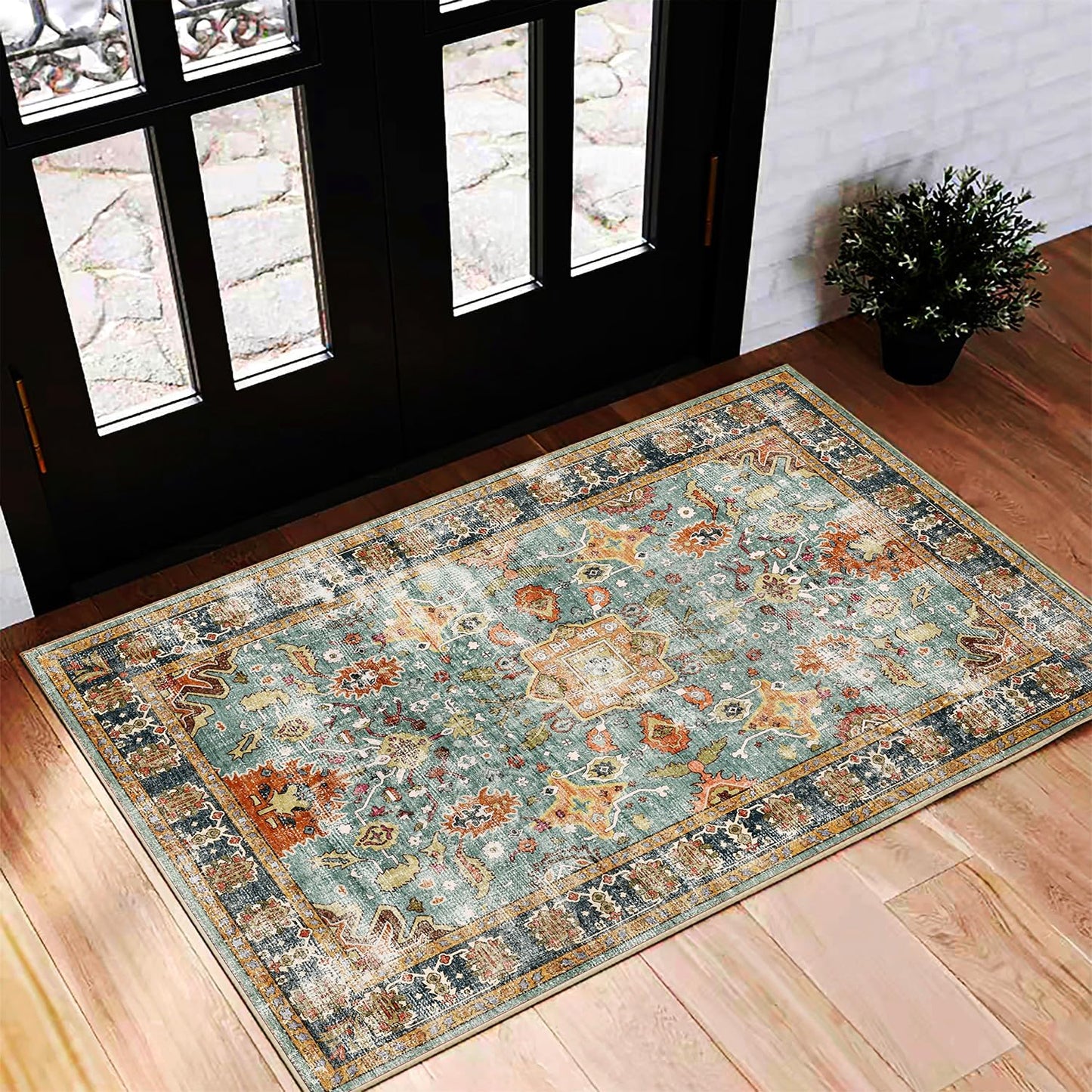Washable Area Rug 2'x3' Door Mat Vintage Distressed Taupe Doormat Indoor Entrance Traditional Floral Print Non Slip Carpet for Kitchen Bathroom Bedroom Living Room