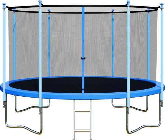 Trampoline with Enclosure - 12FT & 14FT Recreational Trampolines, Ladder, AntiRust Coating, ASTM Approved