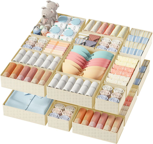 DIMJ Drawer Organizer Clothes, 18 Pack Dresser Organizer, Foldable Closet Organizers and Storage, Fabric Dresser Bins, Drawer Dividers for Nursery, Baby Clothes, Underwears, Sock (Beige)