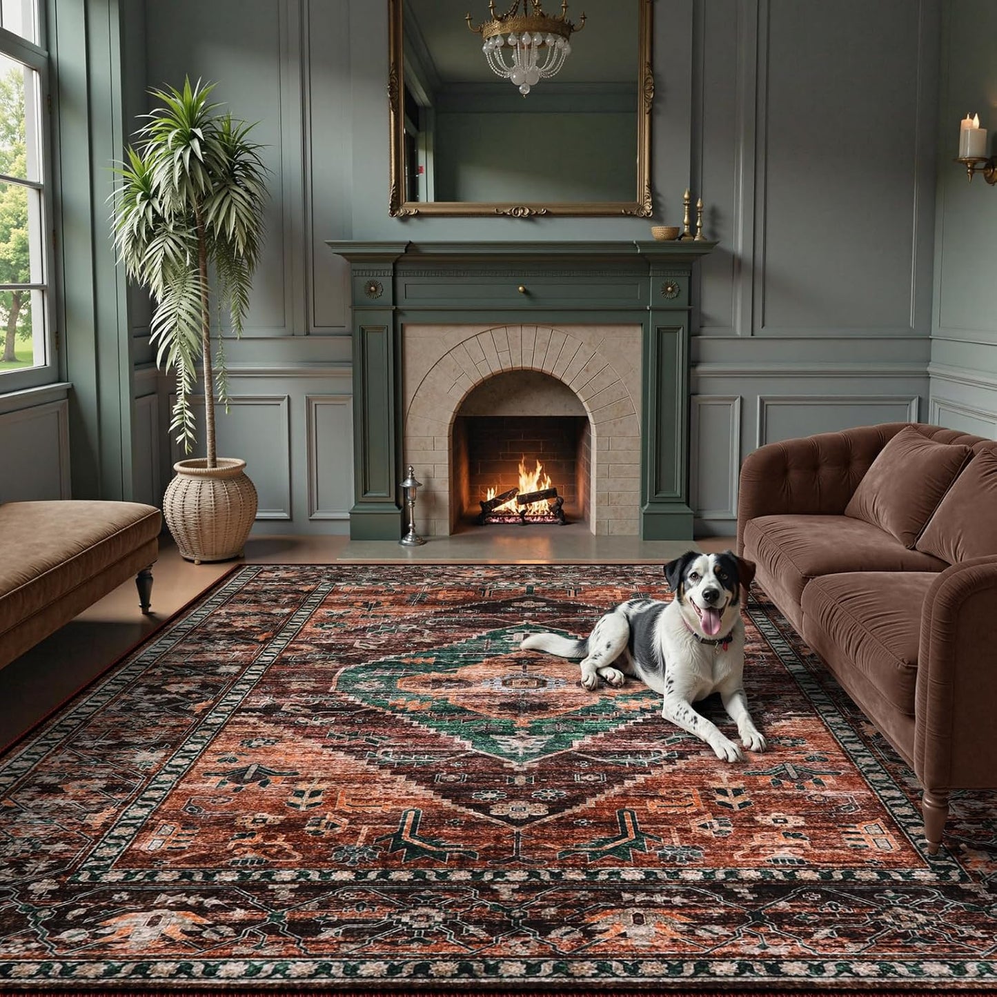 Lahome 8x10 Ultra-Thin Living Room Rug （Non-Slip Washable Non-Shedding）（Oriental Vintage Distressed Carpet for Dining，Bedroom，Office）